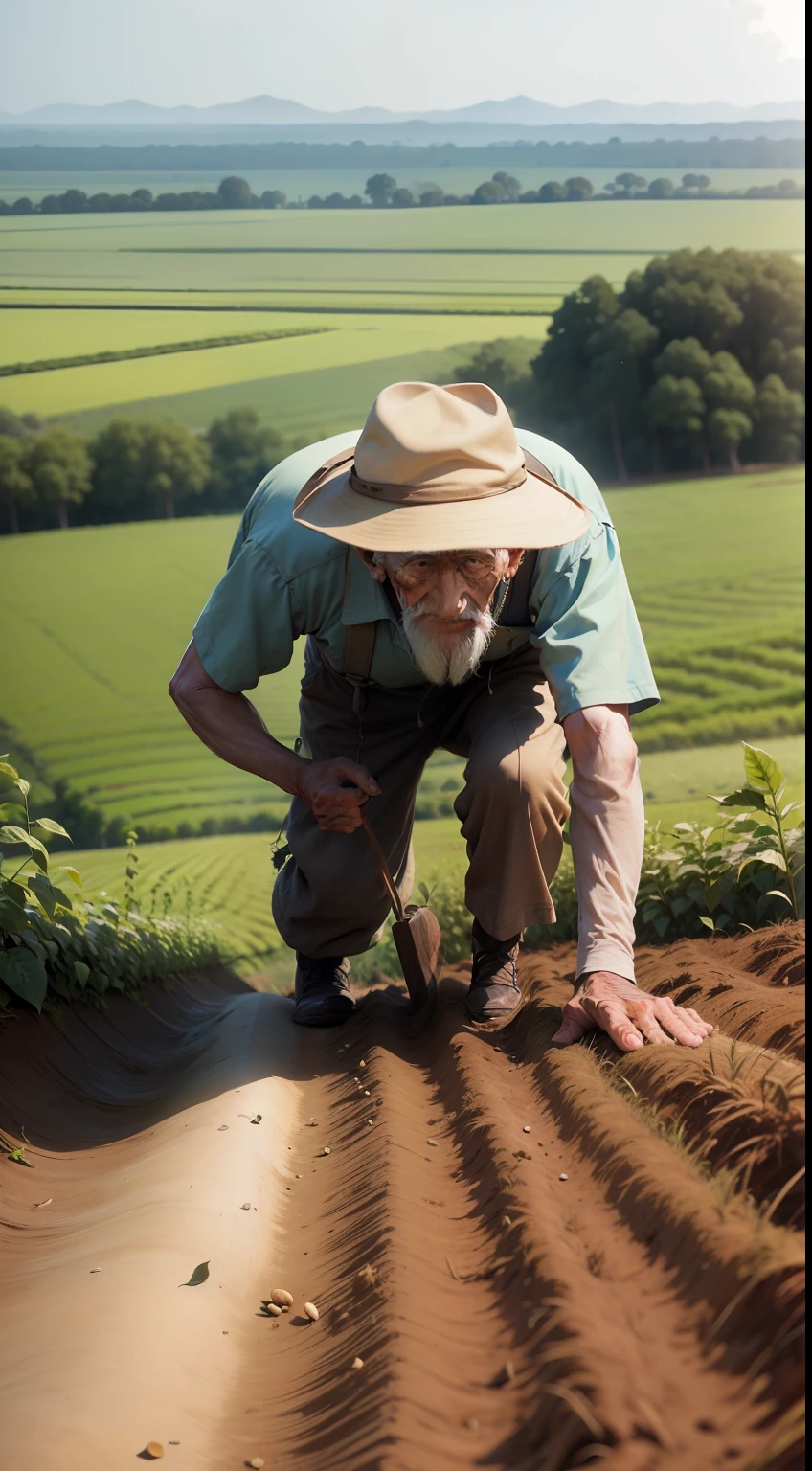 An elderly farmer with calloused hands toppling the land next to a soybean plantation