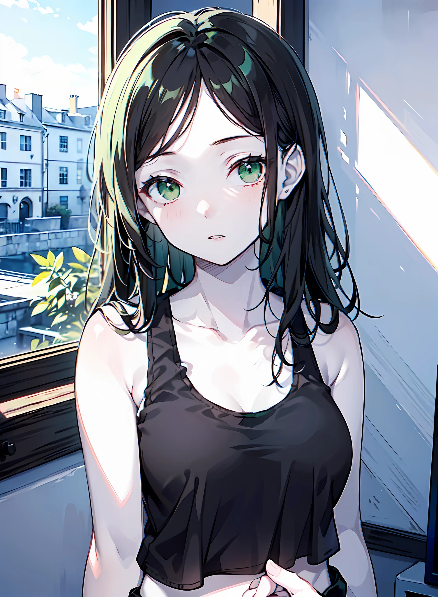 ((masterpiece)), ((pale skin)), (8k:1.2), (solo:1.2), (female:1.1), interior, (tank top:1.4), (black hair:1.5), (green eyes:1.2), long hair, straight hair, (bare shoulders:1.1), (collarbone:1.2)