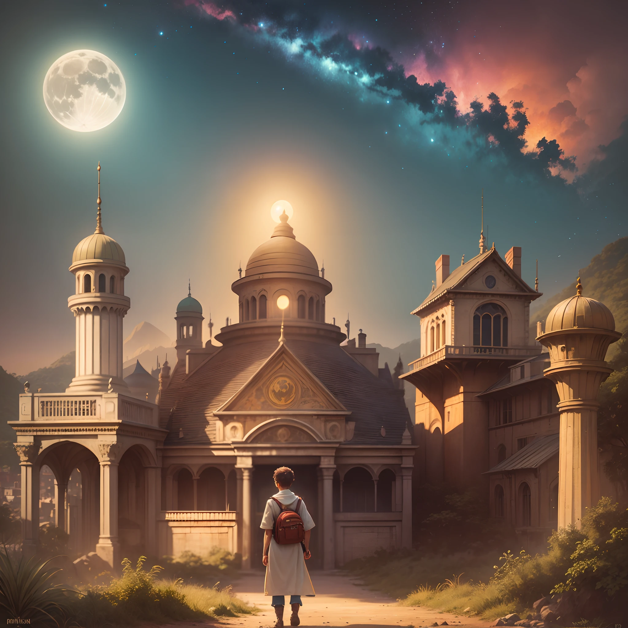 a beautiful adventure boy in city of gold in jungle moonlight realistic, hd 4k clearity, masterpiece, old buildings and artifacts made of gold,beautiful scenery, Golden sky background --auto --s2