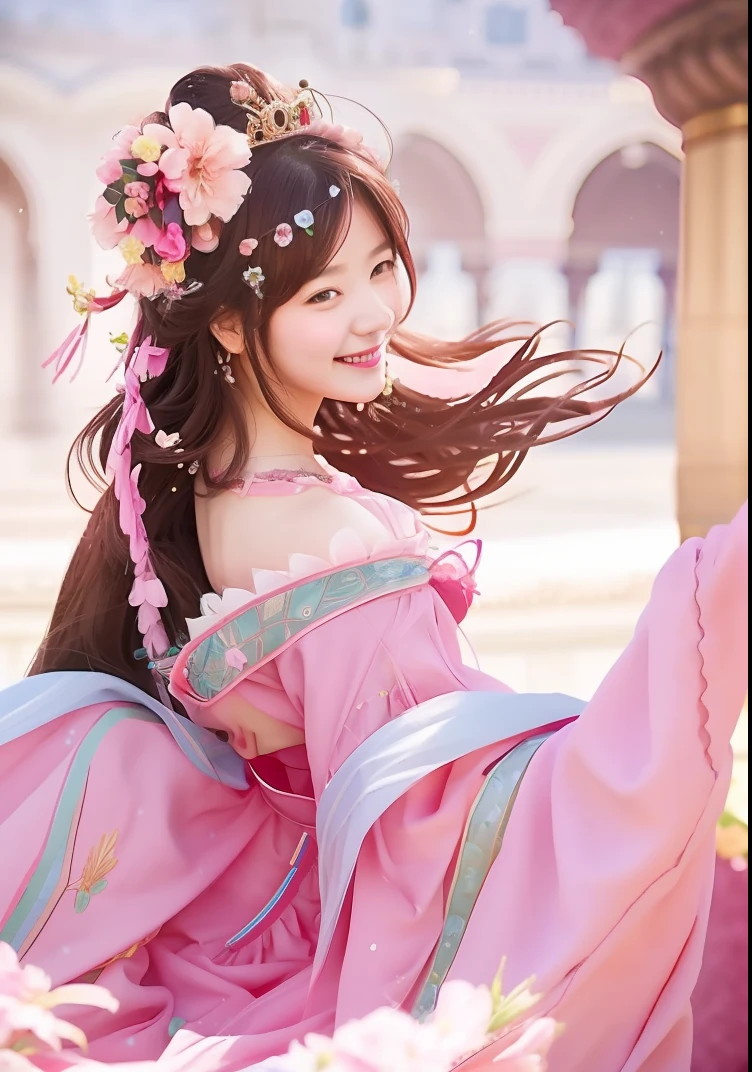 a smile、There is a woman in a pink dress with flowers in her hair, palatial palace
