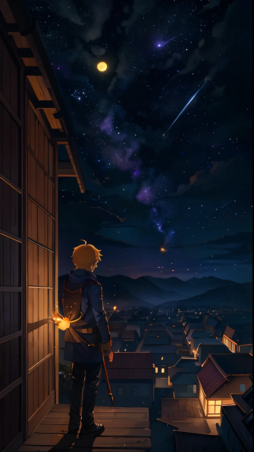 Vast landscape photo, (viewed from below, the sky is above and the open field is below), a boy standing on a flower field looking up, blonde bob cut, Van Gogh, (full moon: 1.2), (meteor: 0.9), (nebula: 1.3), distant mountains , Trees BREAK Crafting Art, (Warm Light: 1.2), (Fireflies: 1.2), Lights, Lots of Purple and Orange, Intricate Details, Volumetric Lighting, Realism BREAK (Masterpiece: 1.2), (Best Quality), 4k, Ultra-Detailed, (Dynamic Composition: 1.4), Very Detailed, Colorful Details, (Rainbow Colors: 1.2), (Glow Lighting, Atmospheric Lighting), Dreamy, Magical, (Solo: 1.2)