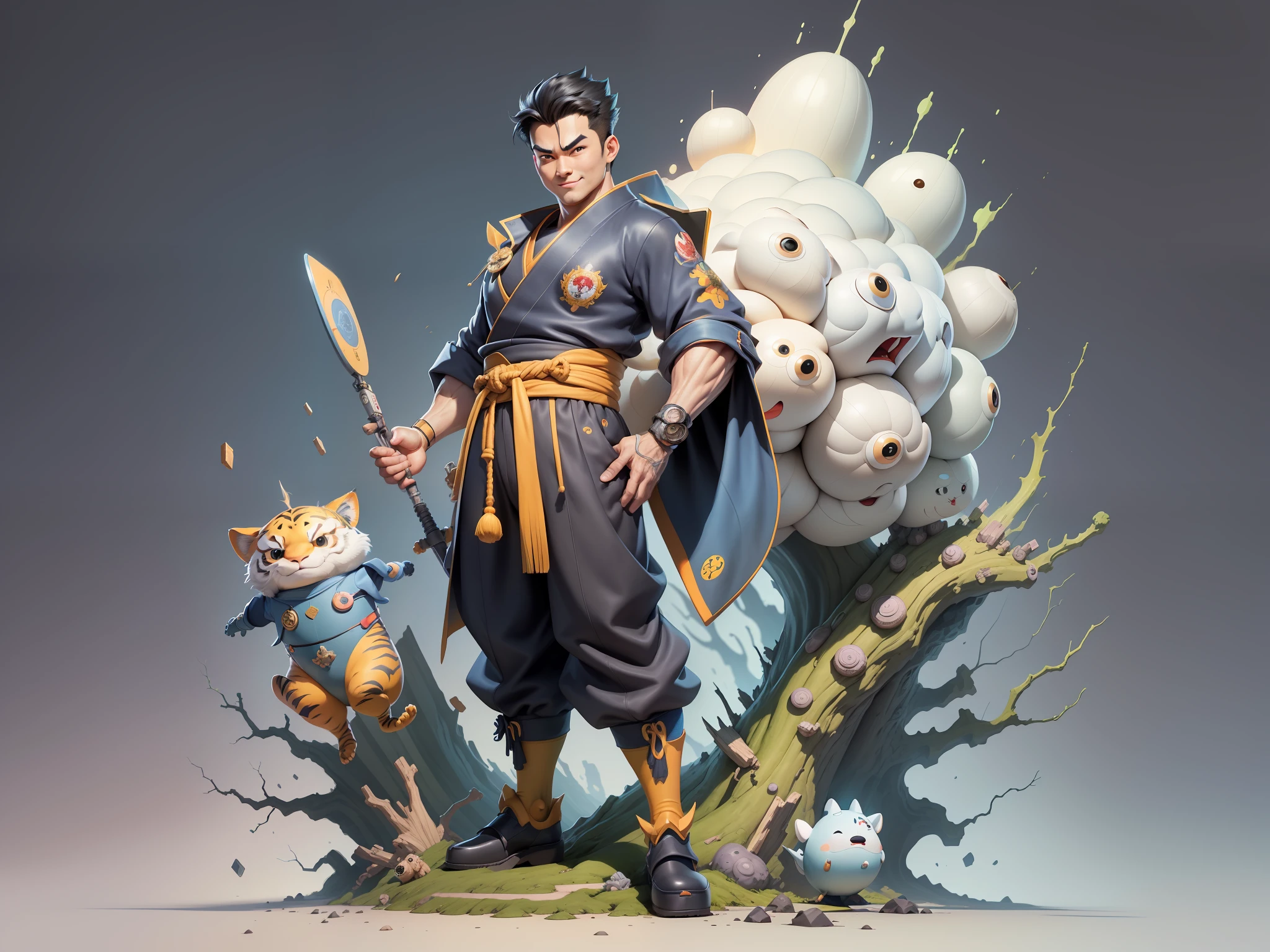 (Masterpiece), (Excellent), (Super Meticulous), (Full Body: 1.2), Super Young Man, Oriental Face, Japanese Kimono, Japanese Wind Thunder God, Dragon, Tiger, TV Anchor, Bust Portrait Illustration, Alone, Black Suit, Blue Tie, Slightly Chubby Face, Very Clean Face, No Beard, Black Super Short Hair, Black Eyes, Confident Smile, 3c Computer Sub-Products, iPad, iPhone, Digital Painting, 3D Character Design by Akira Toriyama and Mark Claireden and Pixar and Hayao Miyazaki, The illustration is a high-definition illustration in 4K resolution with very detailed facial features and cartoon-style visuals.