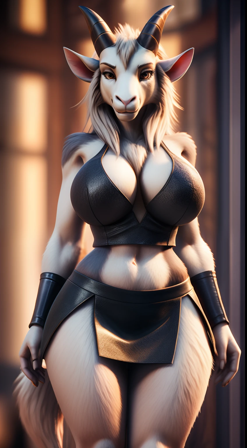 Sexy female goat, cute face, curved horns, wearing mini skirt, fıt body, large breasts, standing, high detail, backlighting, ray tracing, depth of field, close-up, bokeh, Canon, UHD, high details, anatomically correct, super detail, 8k, best quality, full body should be shown