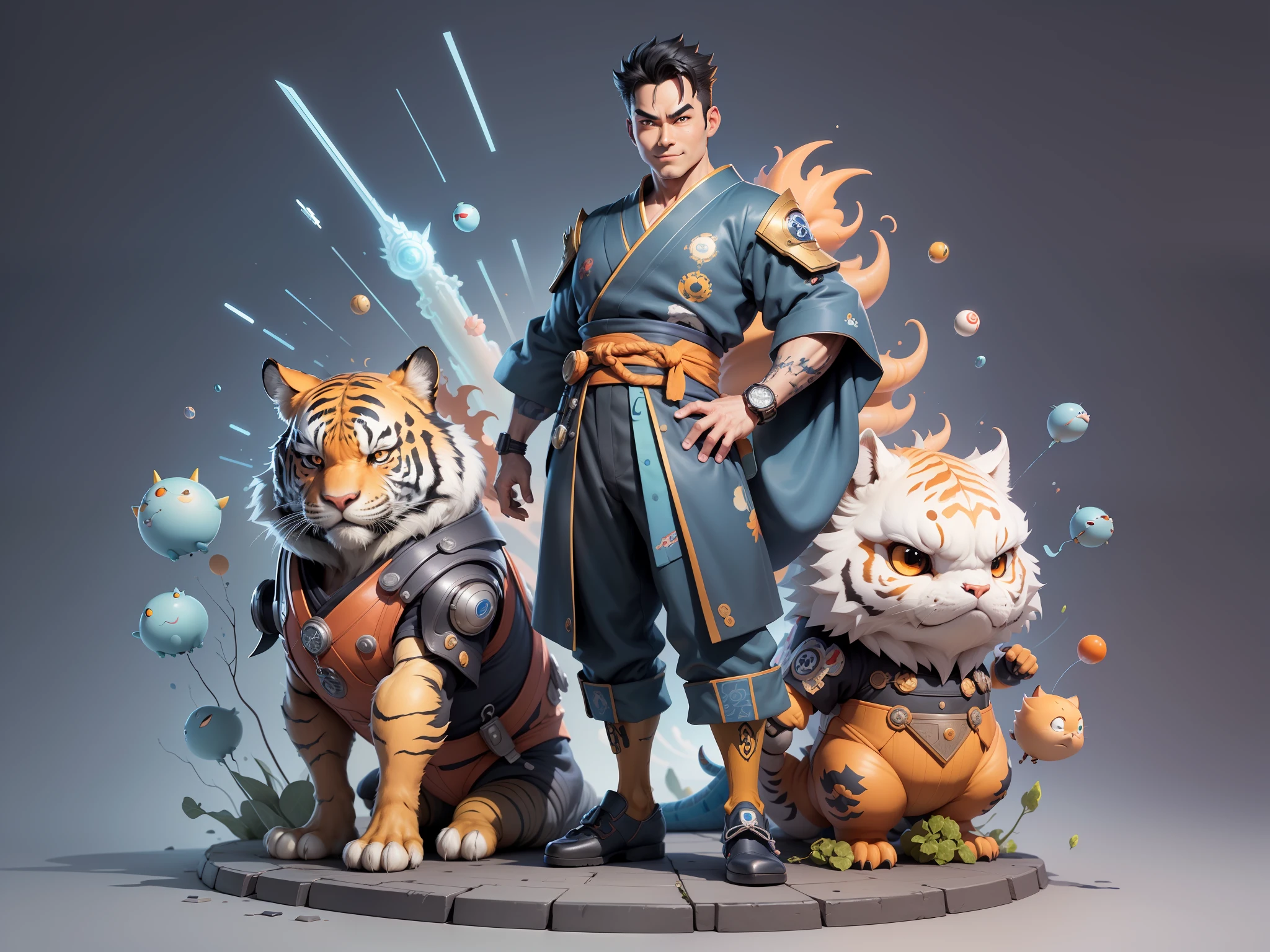 (Masterpiece), (Excellent), (Super Meticulous), (Full Body: 1.2), Super Young Man, Oriental Face, Japanese Kimono, Japanese Wind Thunder God, Dragon, Tiger, TV Anchor, Bust Portrait Illustration, Alone, Black Suit, Blue Tie, Slightly Chubby Face, Very Clean Face, No Beard, Black Super Short Hair, Black Eyes, Confident Smile, 3c Computer Sub-Products, iPad, iPhone, Digital Painting, 3D Character Design by Akira Toriyama and Mark Claireden and Pixar and Hayao Miyazaki, The illustration is a high-definition illustration in 4K resolution with very detailed facial features and cartoon-style visuals.