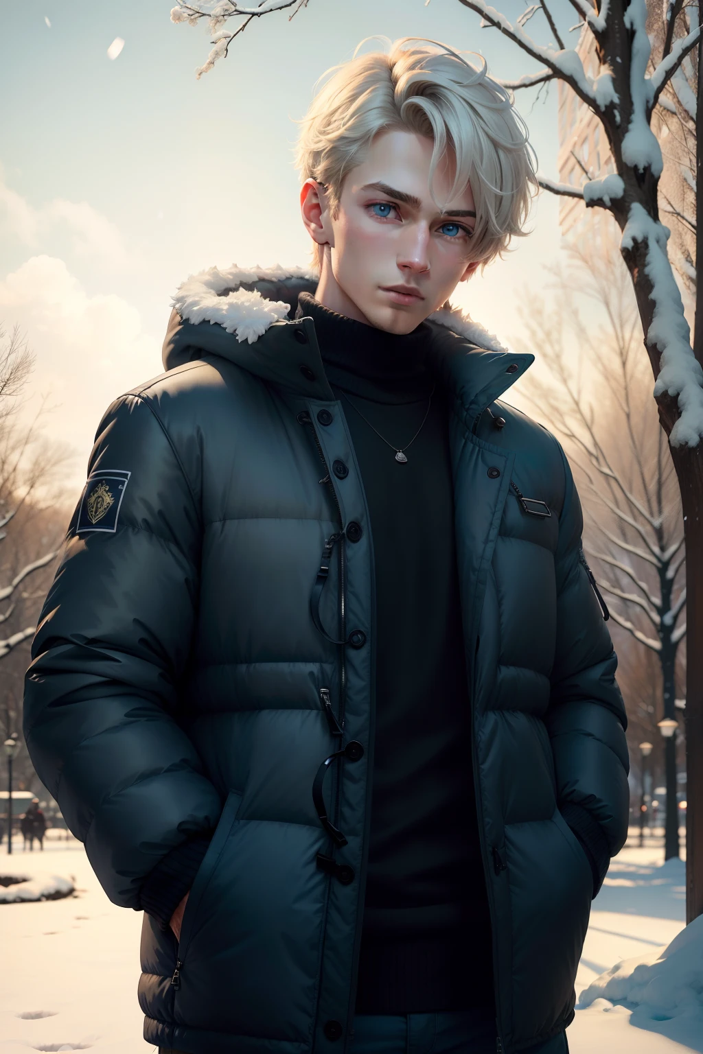 Masterpiece Young Male Short Hair Slanting Sun Winter in the Park Upper Body Blue Eyes Snow Day Wear a Down Jacket