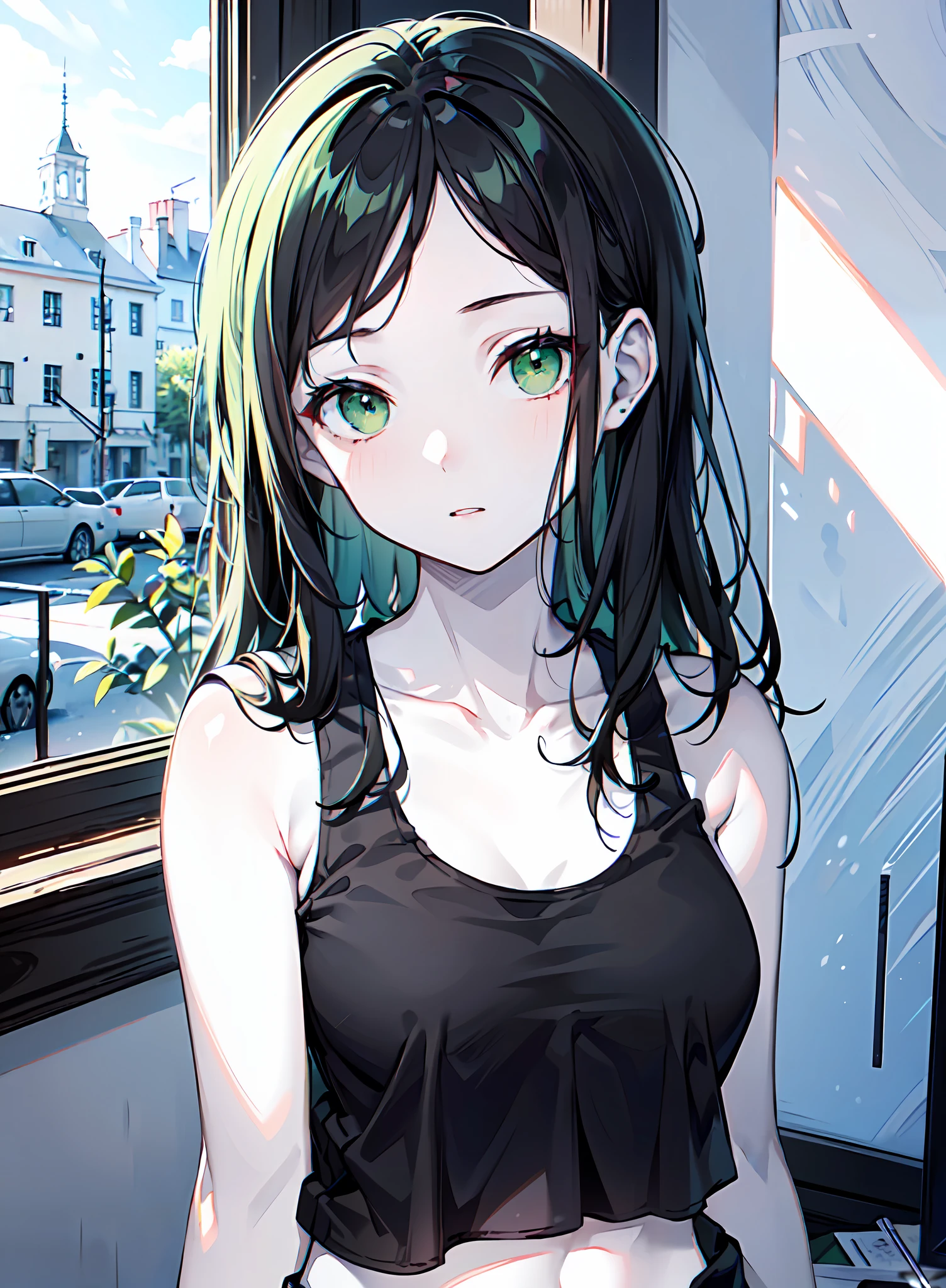 ((masterpiece)), ((pale skin)), (8k:1.2), (solo:1.2), (female:1.1), interior, (tank top:1.4), (black hair:1.5), (green eyes:1.2), long hair, straight hair, (bare shoulders:1.1), (collarbone:1.2)