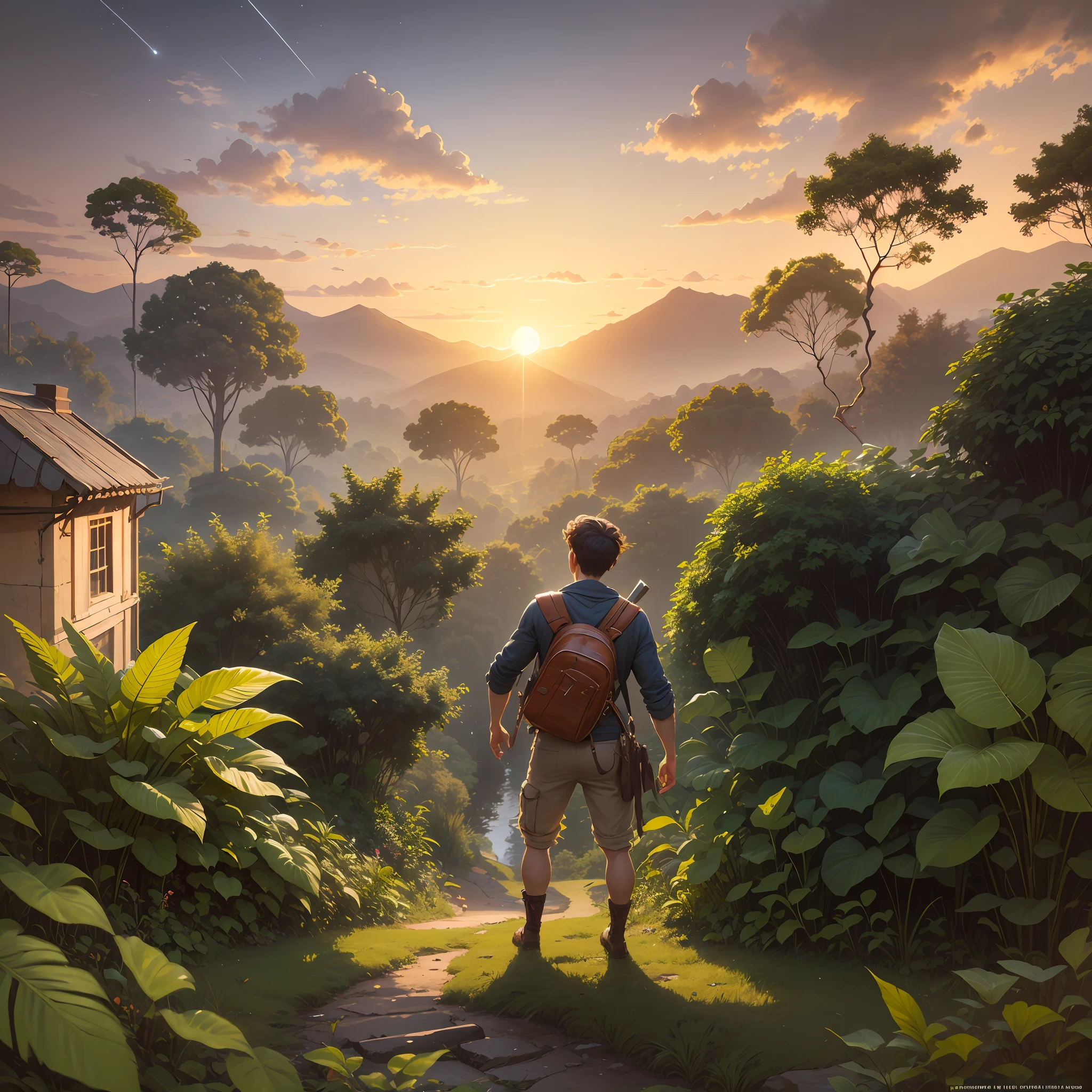 a beautiful adventure boy in city of gold in jungle moonlight realistic, hd 4k clearity, masterpiece, old buildings and artifacts made of gold,beautiful scenery, Golden sky background --auto --s2