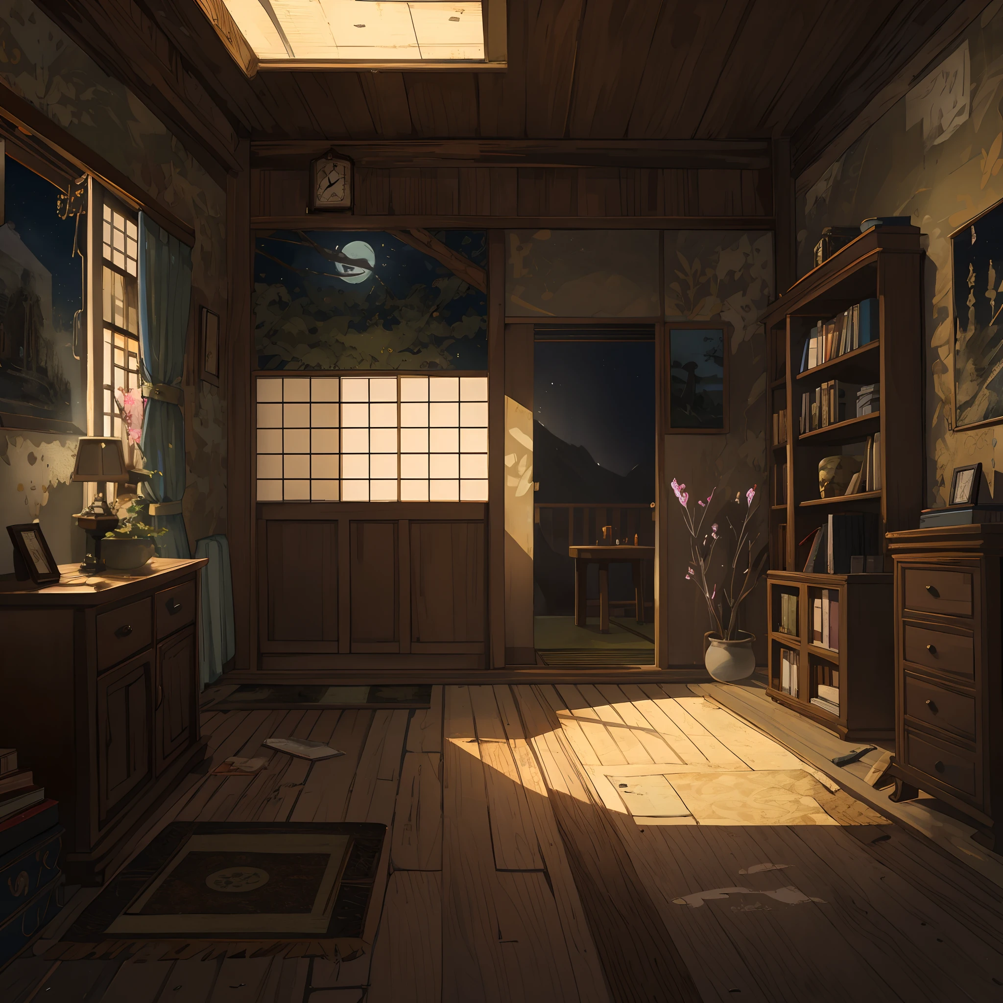 top quality, best quality, High-quality illustrations, masterpiece, super high resolution, detailed background, In the deep silence of the night、The hall of an old Japan house is shrouded in darkness, In the center of the room is、There was an old flame lit by one person.、Around it, peeling wallpaper and、Scattered furniture with advanced deterioration, Moonlight shines faintly through the window、Part of the room is enveloped in eerie lights and shadows, Under lighting、There is an old carpet on the floor.、Rusted clocks and old books are placed on top of them., There are footprints on the floor that seem to have suddenly emerged.、Appearing with quiet footsteps, Signs of that mysterious presence fill the room, There is an old shoji in one corner of the room.、Beyond that is a garden, The breeze is blowing、Every time the curtains sway,、It feels like something is peeking out from behind the shoji, 6+boys, 6+girls, absurdres(highly detailed beautiful face and eyes)perfect anatomy, expression, good lighting, cinematic shadow(kemono, furry anthro)assorted poses, dynamic angle,