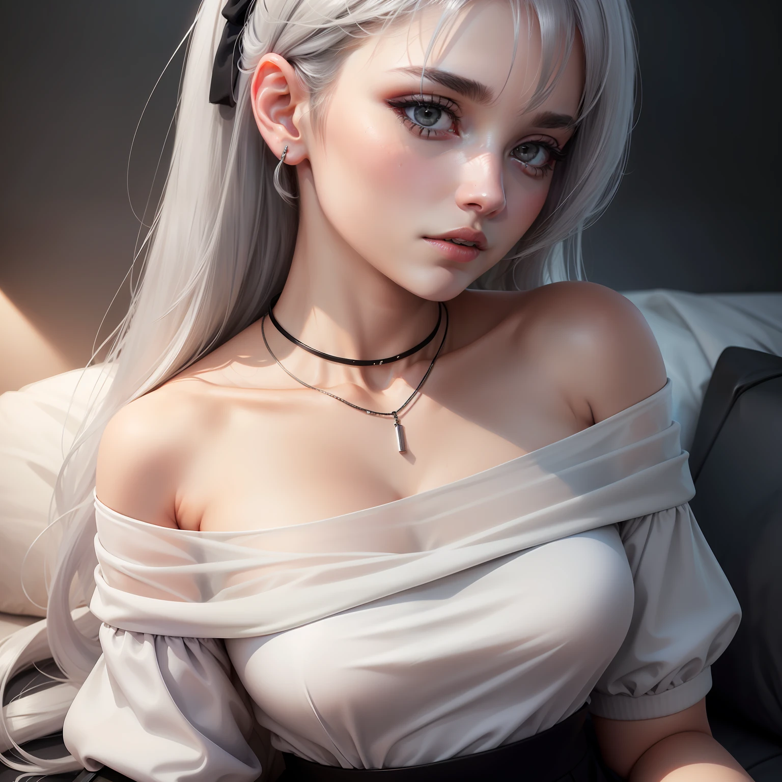 Best Quality, Ultra High Resolution, (Realistic:1.4), 1 Girl, Off-the-Shoulder White Shirt, Black Tight Skirt, Black Necklace, (Faded Gray Gray Hair:1), (:1.2), Looking at the Viewer, Close Up ,