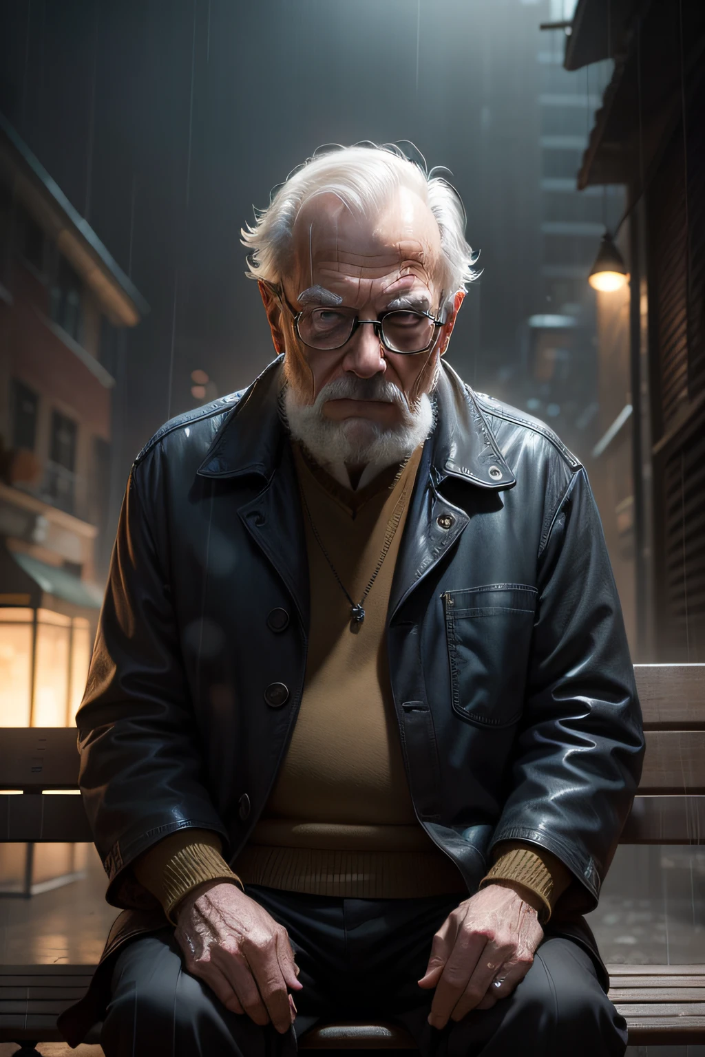 There's a very old man sitting on a bench in the rain, Cinematic realistic portrait, cinematic photograph concept art, arte conceitual escura fotorrealista, arte conceitual fotorrealista, inspirado no artista de personagens seniores, arte conceitual ultra realista, cinematic digital painting, inspirado em Michael Komarck, cinematic realistic photo, arte conceitual fotorrealista
