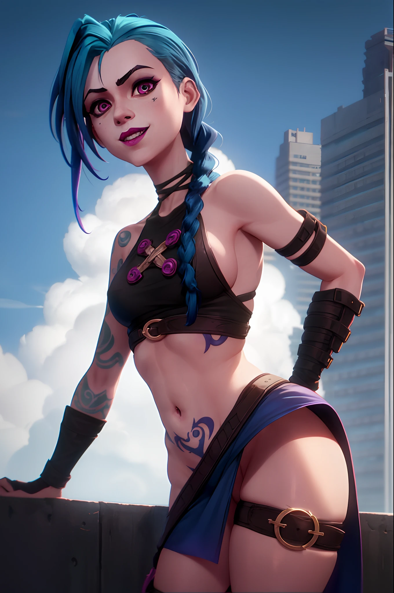 arcane style, 1girl, full body image, detailed face, , arm tattoo, asymmetrical bangs, bangs, blue hair, braid, brown shirt, cloud tattoo, looking at viewer, small , , smiling, night, city, green hair, long hair, midriff, pink eyes, red lips, tight shirt, solo, ( ), no panties, tattoo, twin braids, arcane jinx, jinx \(league of legends\),  offer