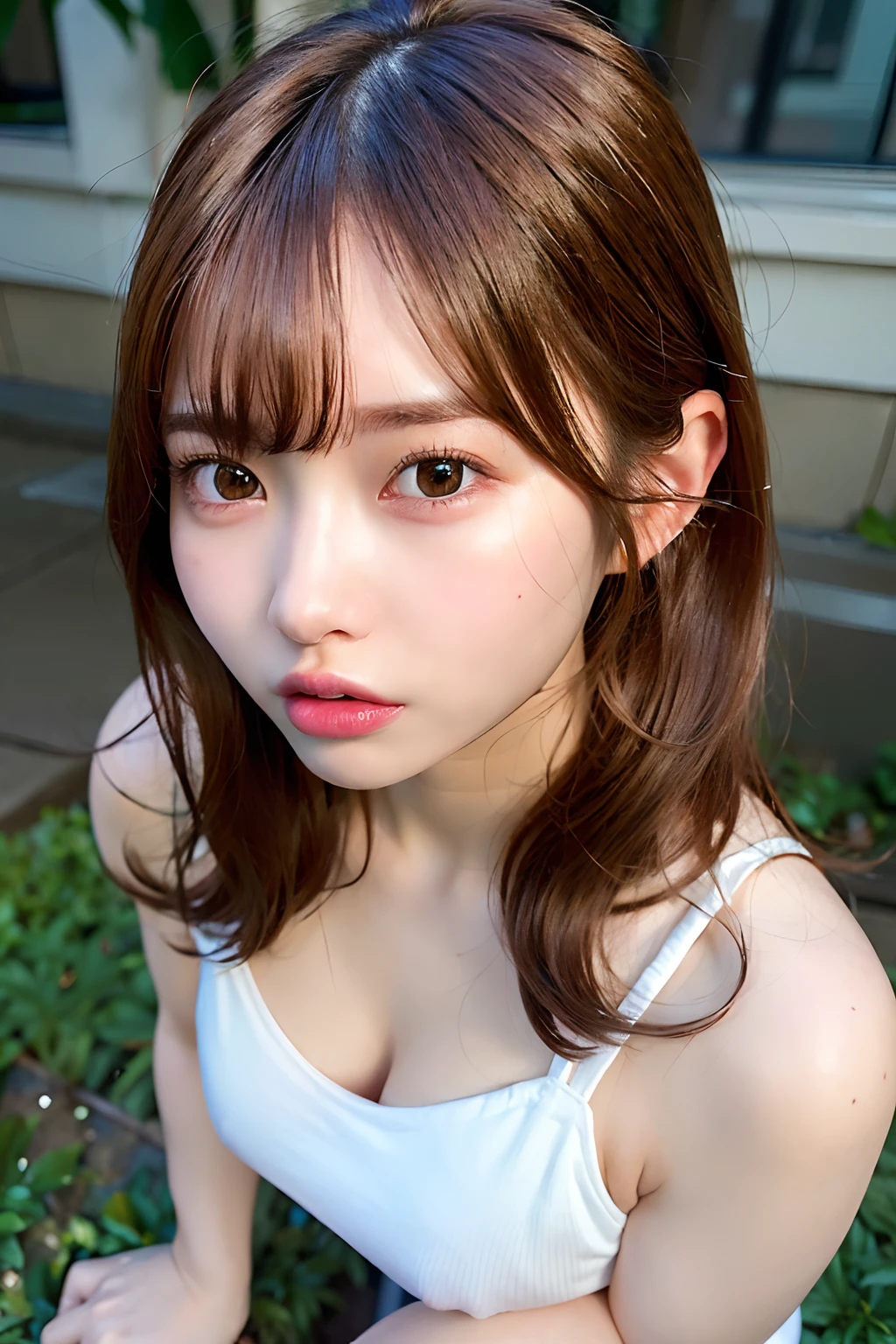 best quality, ultra high res, (photorealistic:1.4), 8k resolution, girl, (brown random hair:1.3), (realistic hair:1.2), (Korean girl:1.2), (realistic eyes:1.2), (beauty face:1.3), perfect body, white pale skin, big breast, cleavage, (mouth and tongue open:1.2), (top angle:1.3), (wet thong:1.2),