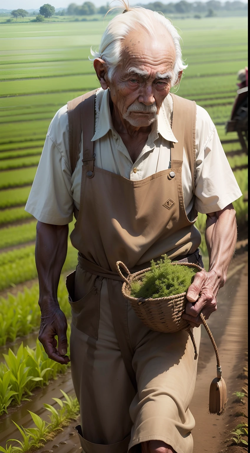 An elderly farmer suffering from the marks of time carries in his hands a hoe that cultivates the land and next to it an immense rice plantation