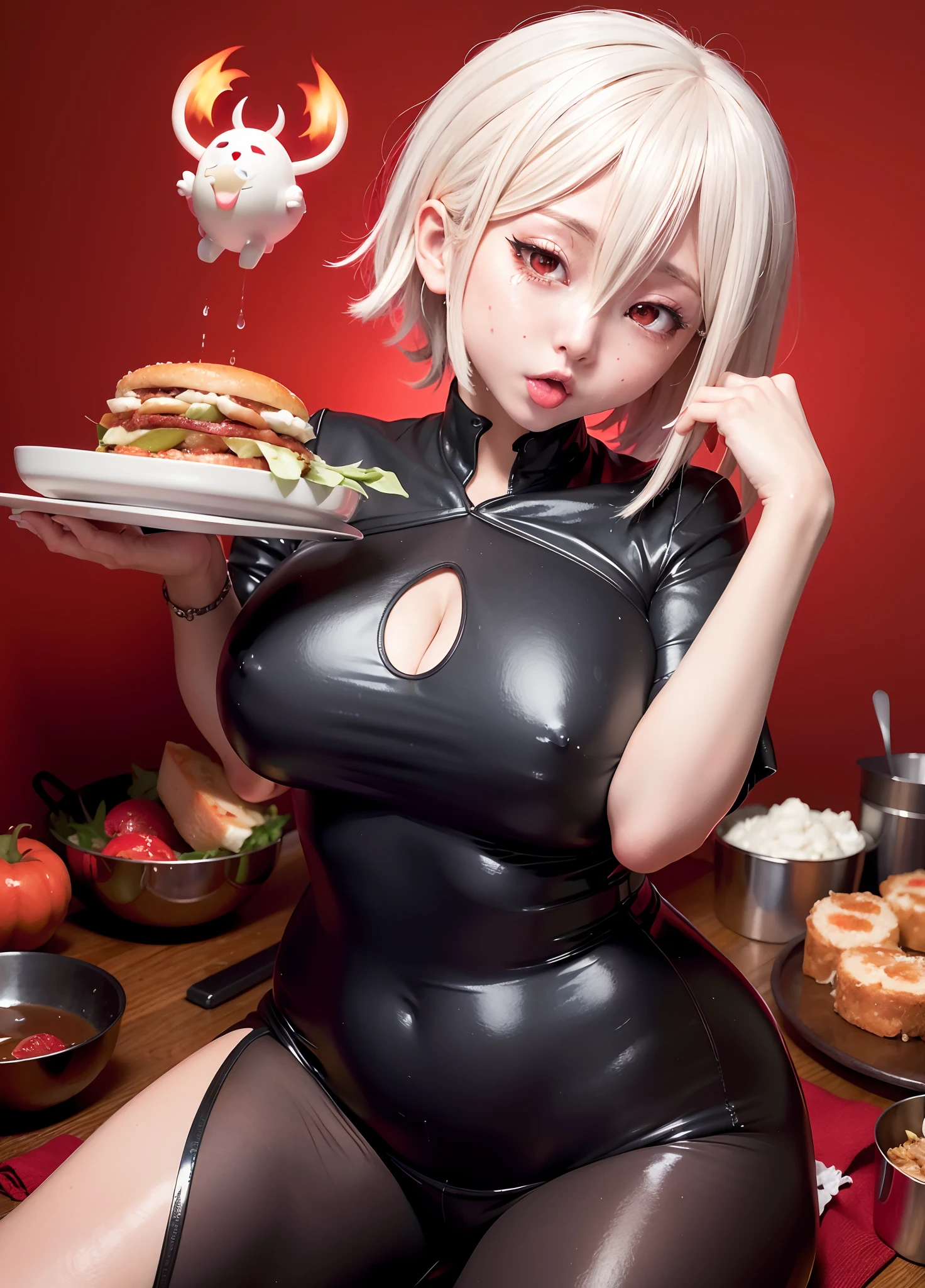 Hellman anime character holding a plate of food，The milky white liquid is steaming, Satan's daughter, satan, kitava insatiable hunger, anime food, ahegao, ❤🔥🍄🌪, Yandere, fat ripped satan, Demon Girl,streaming tears,expression, sakimi chan, gapmoe yandere, demon anime girl, clean and meticulous anime art, An anime cover, hajime yatate, 2b