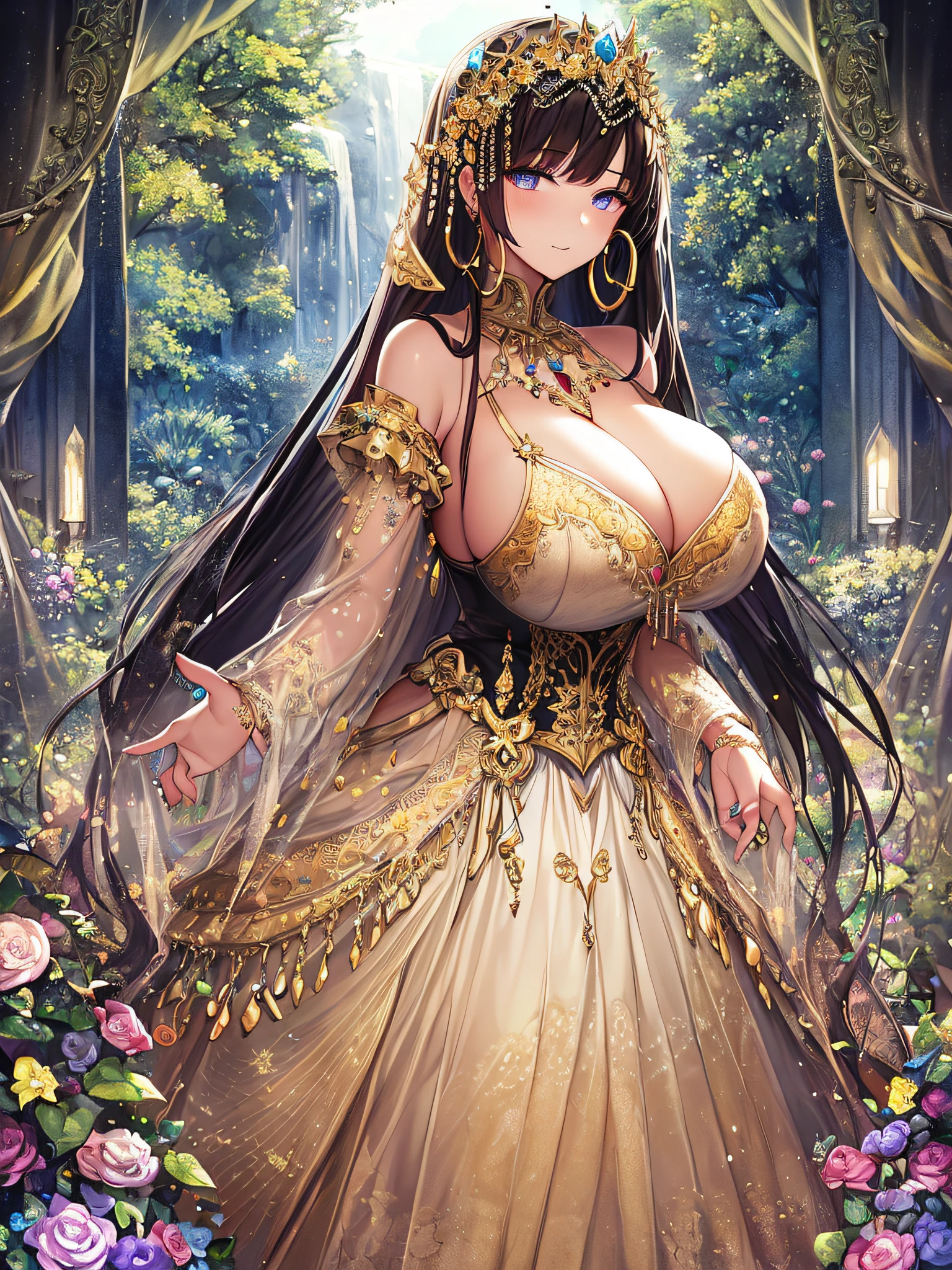 ((anime artstyle)),(Masterpiece),(Best Quality), (Super Detail),((Very Delicate and Beautiful)),(((Solo))),((full body)),(((1 girl in beautiful embroidery and jeweled gorgeous gothic dress with voluminous full length hoop skirt))),Long train,crinoline,(gorgeous gemstone jewelry),detailed face and eyes,jewel-like eyes,((extremely voluminous Very Long Hair,Straight Hair)),((gigantic tits,Long tits)),(gorgeousfull embroidery and lace),gorgeous corsage,See-through,extremely gorgeousfull hair ornament,bling-bling extremely gorgeousfull jeweled tiara,ornate ruffles,((Dynamic Angle)),Looking at viewer,outdoor,((beautiful detailed garden)),beautiful blooming flowers,((full body)),((beautiful embroidery and jeweled extremely gorgeous gothic dress with voluminous full length hoop skirt))