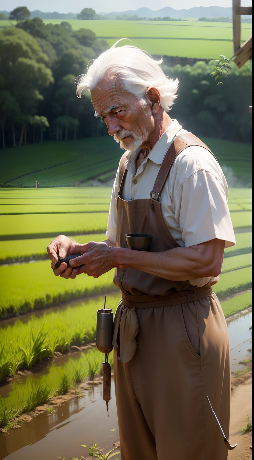 An elderly farmer suffering from the marks of time carries in his hands a hoe that cultivates the land and next to it an immense rice plantation