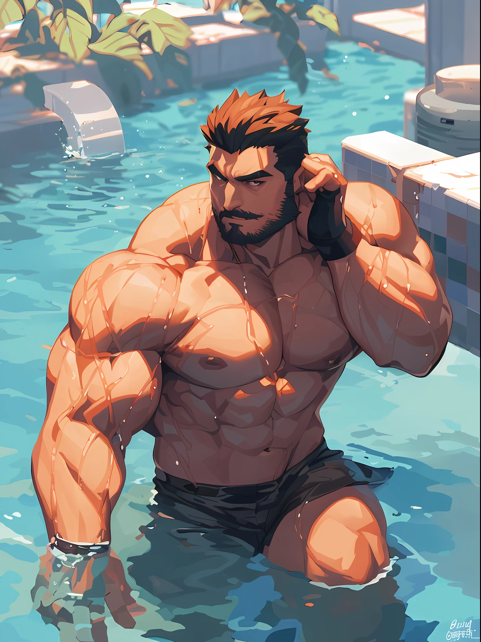 There is a man sitting in the water with a cell phone, Super Buff and Cool, Muscular character, big biceps, big muscle, Muscular!!, Gigachad muscular, Muscular character, Muscular!!!, big muscle, Muscular! The cyberpunk, Men's art, huge muscles, Muscular male hero, Beef Cake Pose, Steamed, commission for high res, Muscular! close up shot, portrait of a