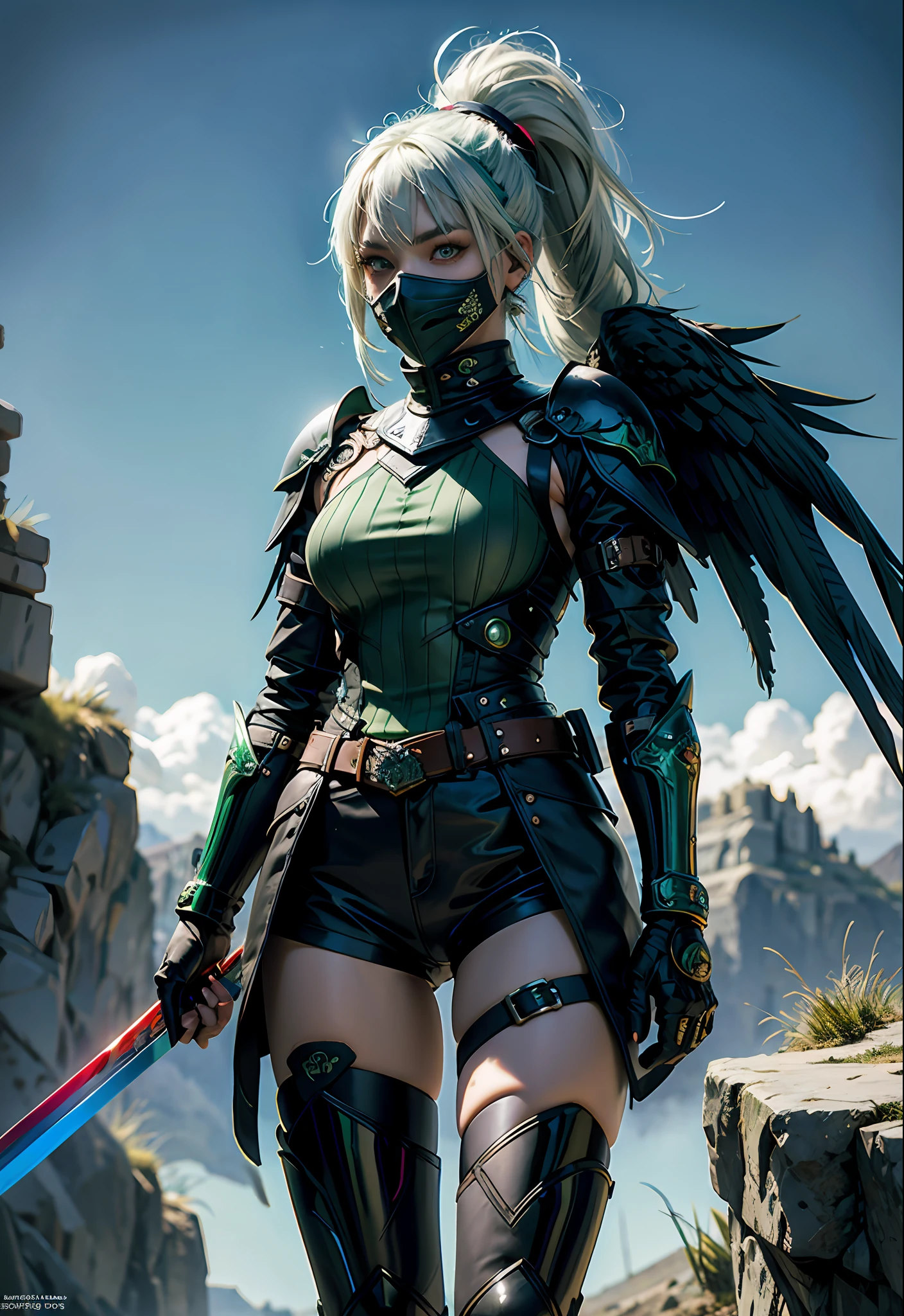 masterpiece, highres, best quality, raven armor, 1girl, solo, split colored(green) (white) hair, badass, multicolored eyes, high quality artstyle, ultra detailed, quality shadows, 8K, ponytail, holding an straight sword, leather face mask across the mouth,