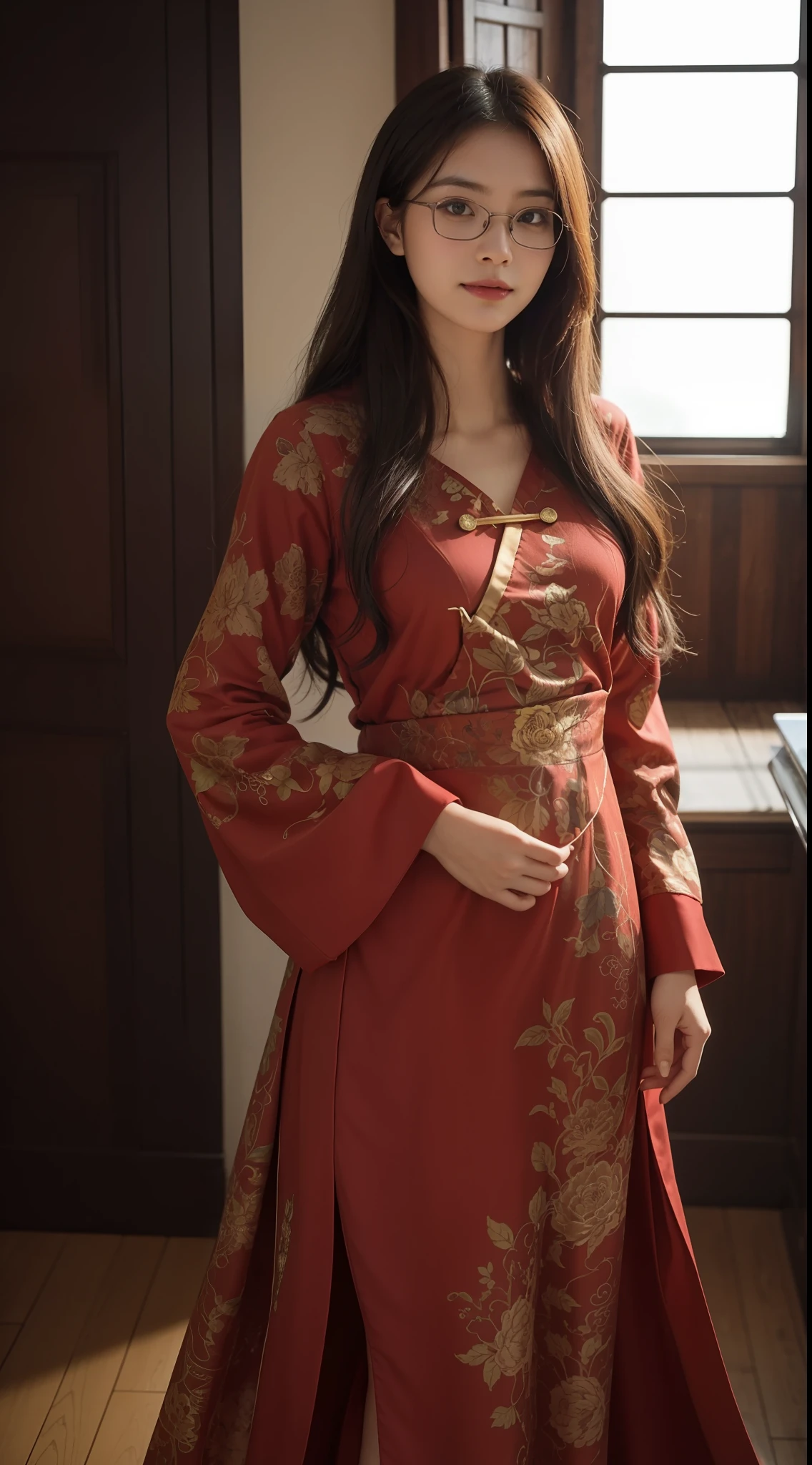 wide angles,Half-length portrait,Gacky,Best quality, Masterpiece, A high resolution, An extremely delicate and beautiful, Extremely detailed face, Extremely detailed eyes, Original, Photo, kanon, Glasses, skin indentation,view the viewer, focus onface, 1girll, Asian female, Solo, Angry eyes, Seductive smile , Curled hair, Long hair, Dancing, ventania, Colorful Chinese dyed dress