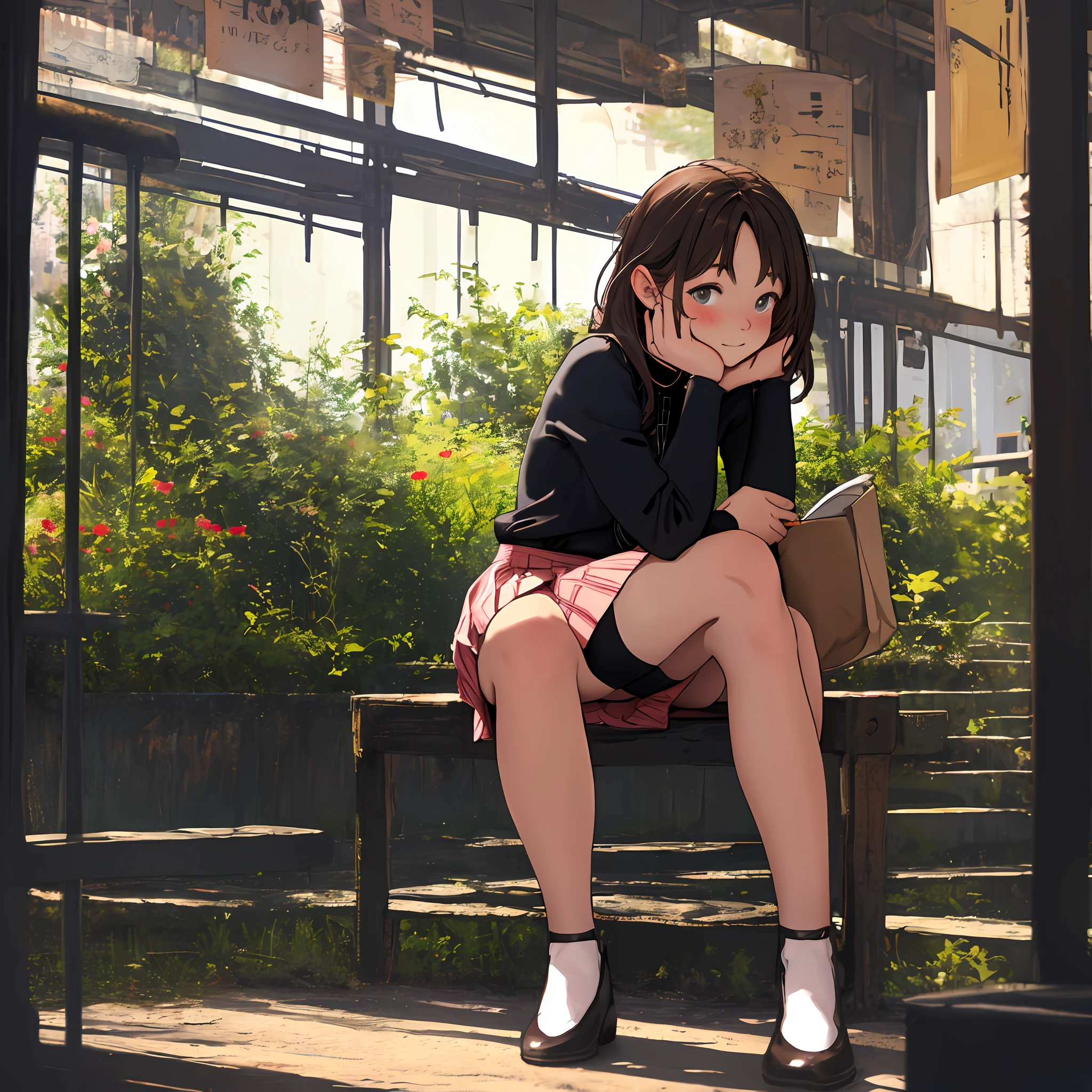 Shy beautiful woman sitting in skirt