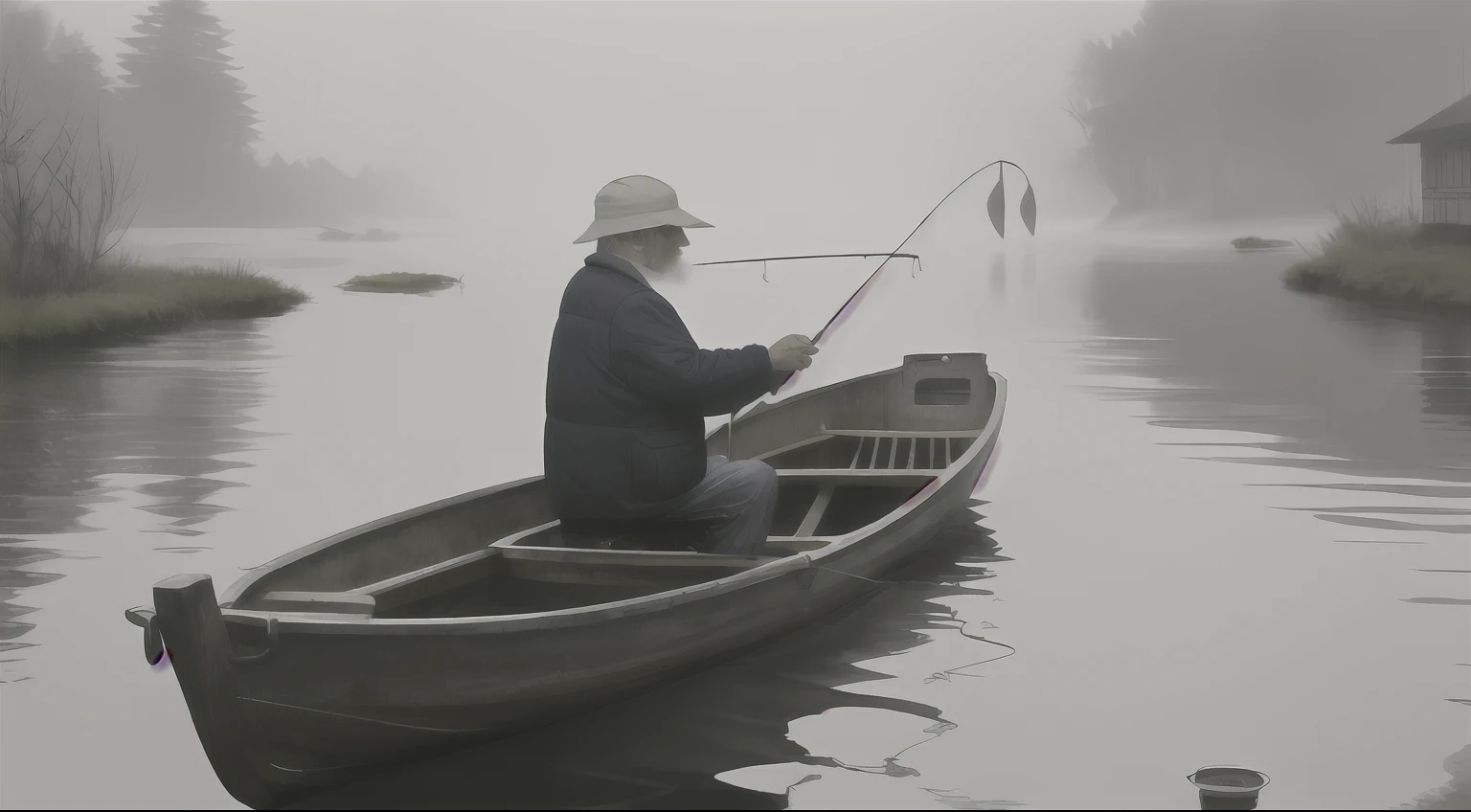 An Old man,small boats,River,fishing,Jacket,bucket-hat,River,fog atmosphere,snowflower,winter