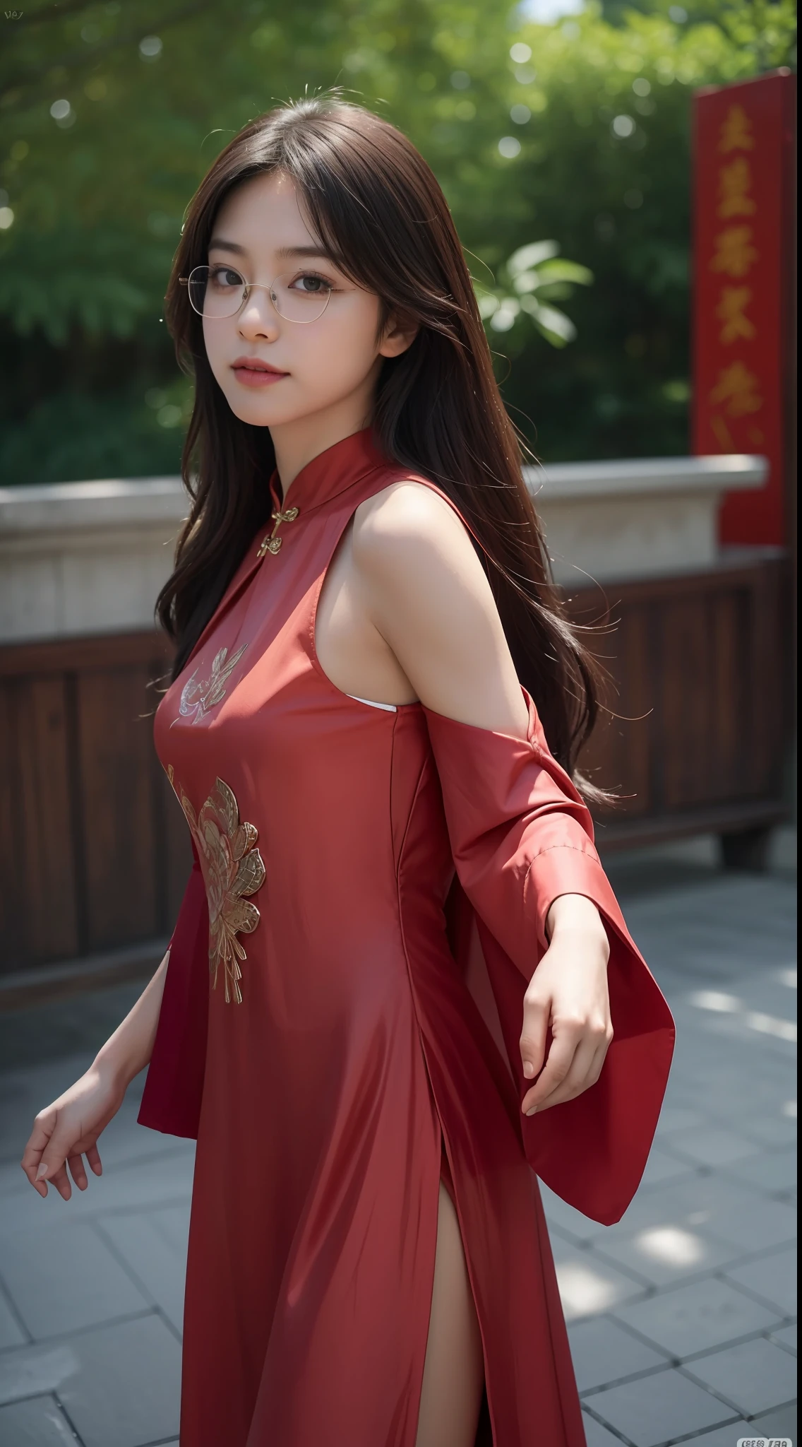 wide angles,Half-length portrait,Gacky,Best quality, Masterpiece, A high resolution, An extremely delicate and beautiful, Extremely detailed face, Extremely detailed eyes, Original, Photo, kanon, Glasses, skin indentation,view the viewer, focus onface, 1girll, Asian female, Solo, Angry eyes, Seductive smile , Curled hair, Long hair, Dancing, ventania, Colorful Chinese dyed dress