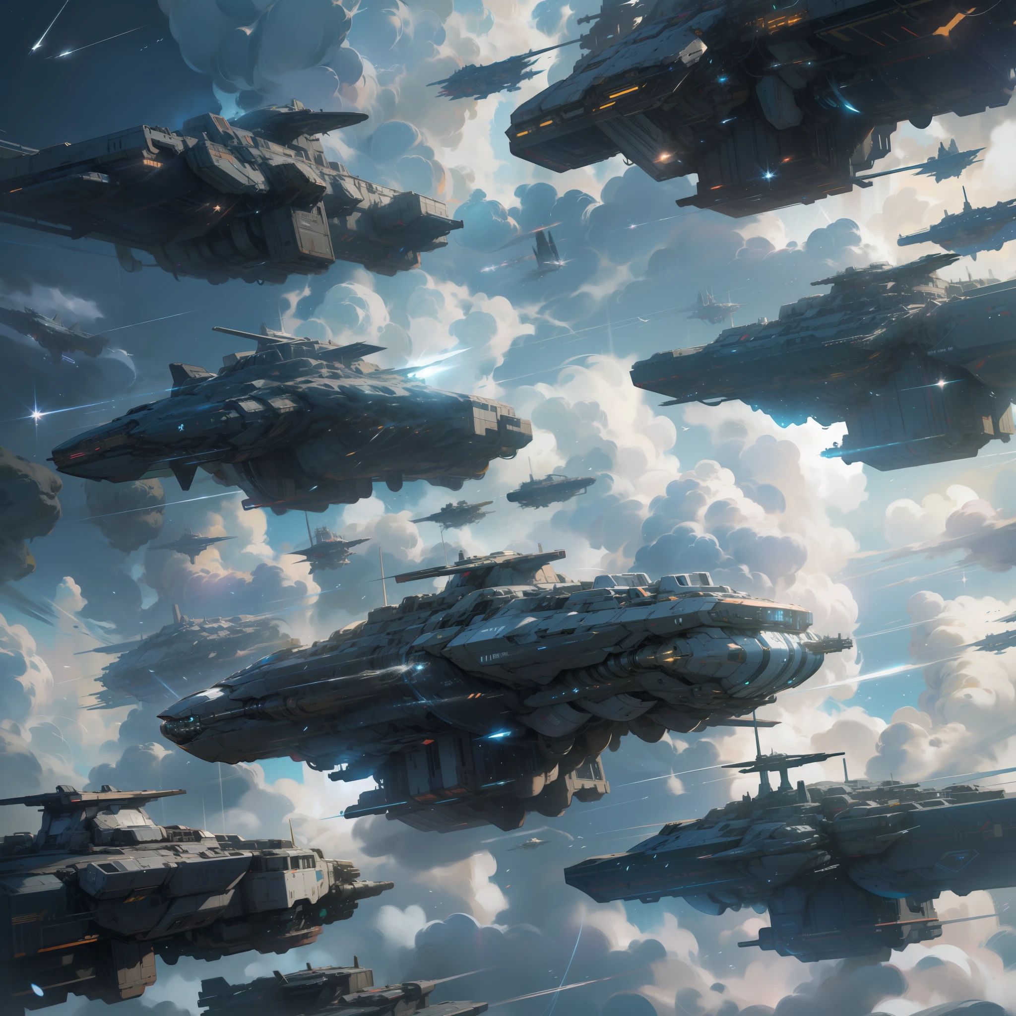 A space battleship flying through the clouds, Dreadnought, sci-fy, star citizen digital art, sci fi art, Sci-fi space battleship, Space battleship on the move, Fly over the sci-fi fighter swarm above, reflection light, ray tracing, motion blur, UHD, high quality, highres, high details