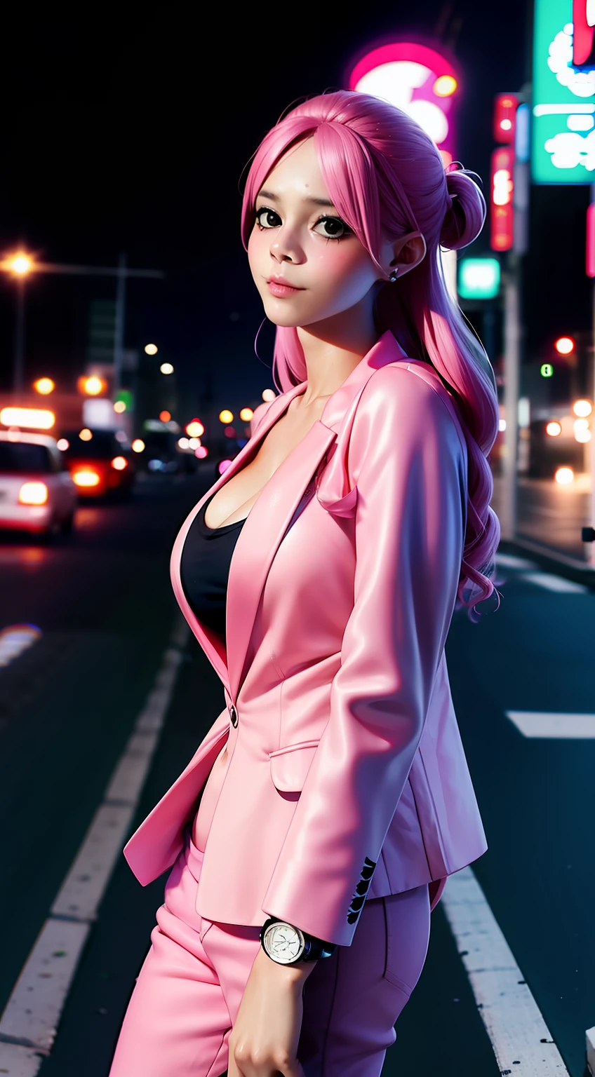 blush from anime one piece, pink hair, hair tie, wearing mascara, slight smile, perfect body, standing, looking at viewer, medium boobs, wearing formal clothes, black formal shirt, pink blazer, pink pants, being in a public place, being in the city of Tokyo, being on the side of the road, wearing a watch, wearing earrings