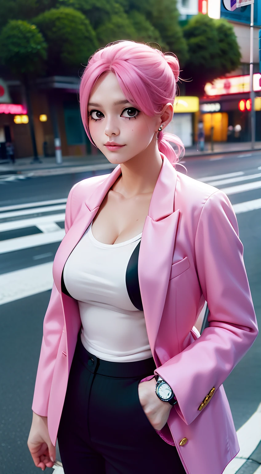 blush from anime one piece, pink hair, hair tie, wearing mascara, slight smile, perfect body, standing, looking at viewer, medium boobs, wearing formal clothes, black formal shirt, pink blazer, pink pants, being in a public place, being in the city of Tokyo, being on the side of the road, wearing a watch, wearing earrings