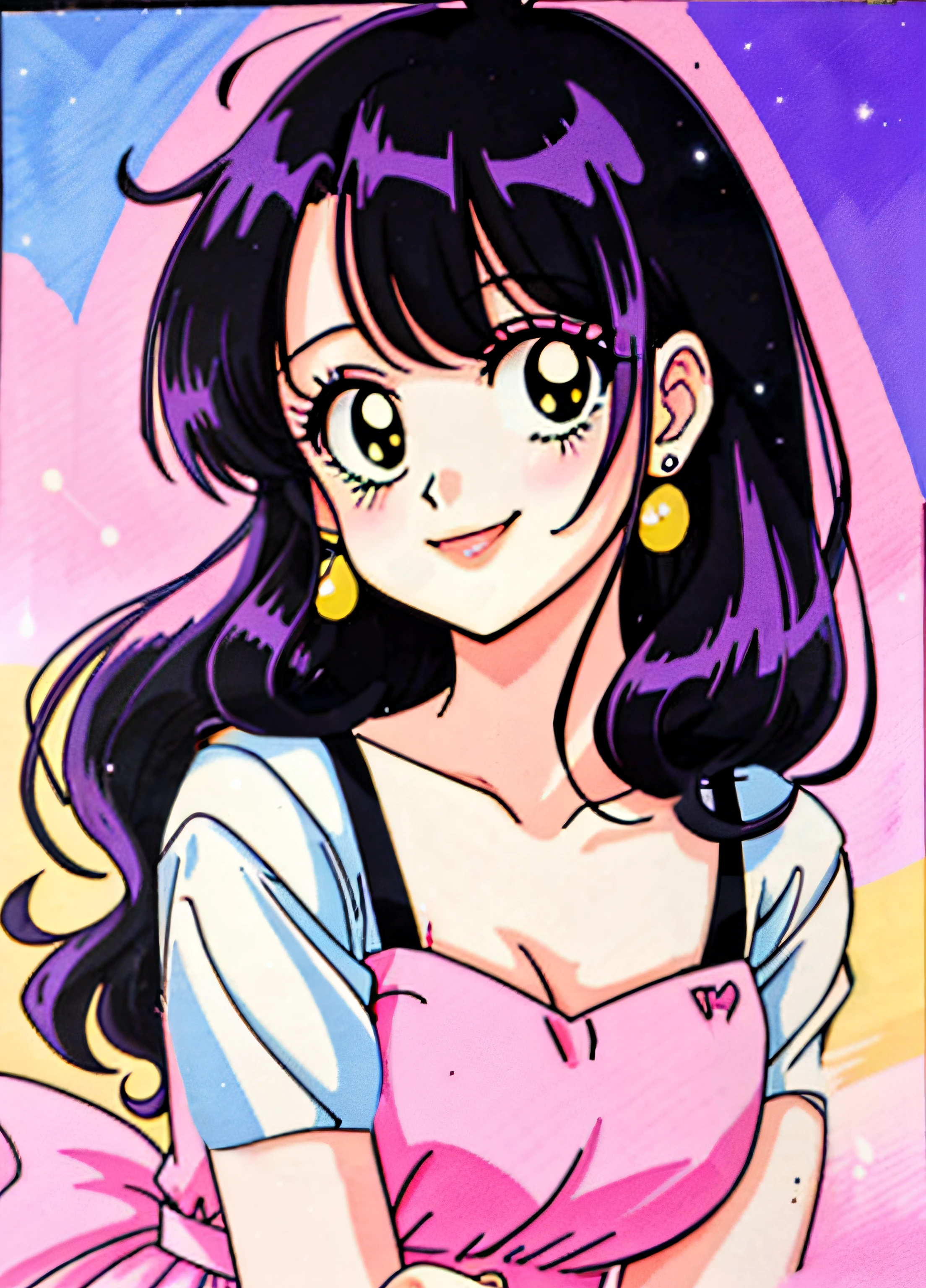 muted pastel colors, retro anime, 1990s anime, 1980s anime, brush strokes, masterpiece, best quality, 1girl, solo, black eyes, long black hair, pink fluffy short sleeve latex dress, closed mouth, smile, simple background