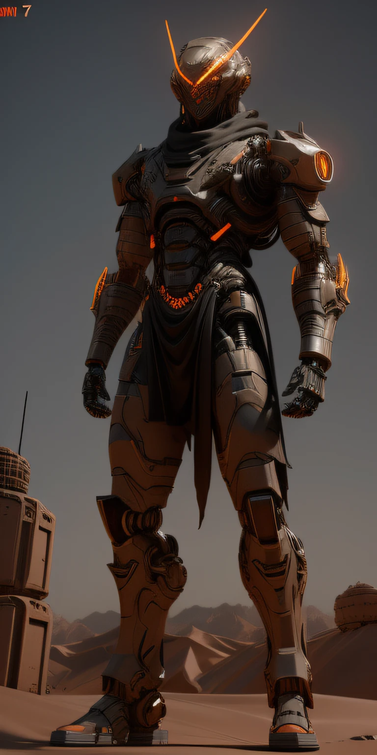 Evil cyborg mummy demon full body, intricate robotic details, glowing eyes, menacing look, wrapped in bandages, , desert background, unreal engine 4, ..3d, cinematic lighting