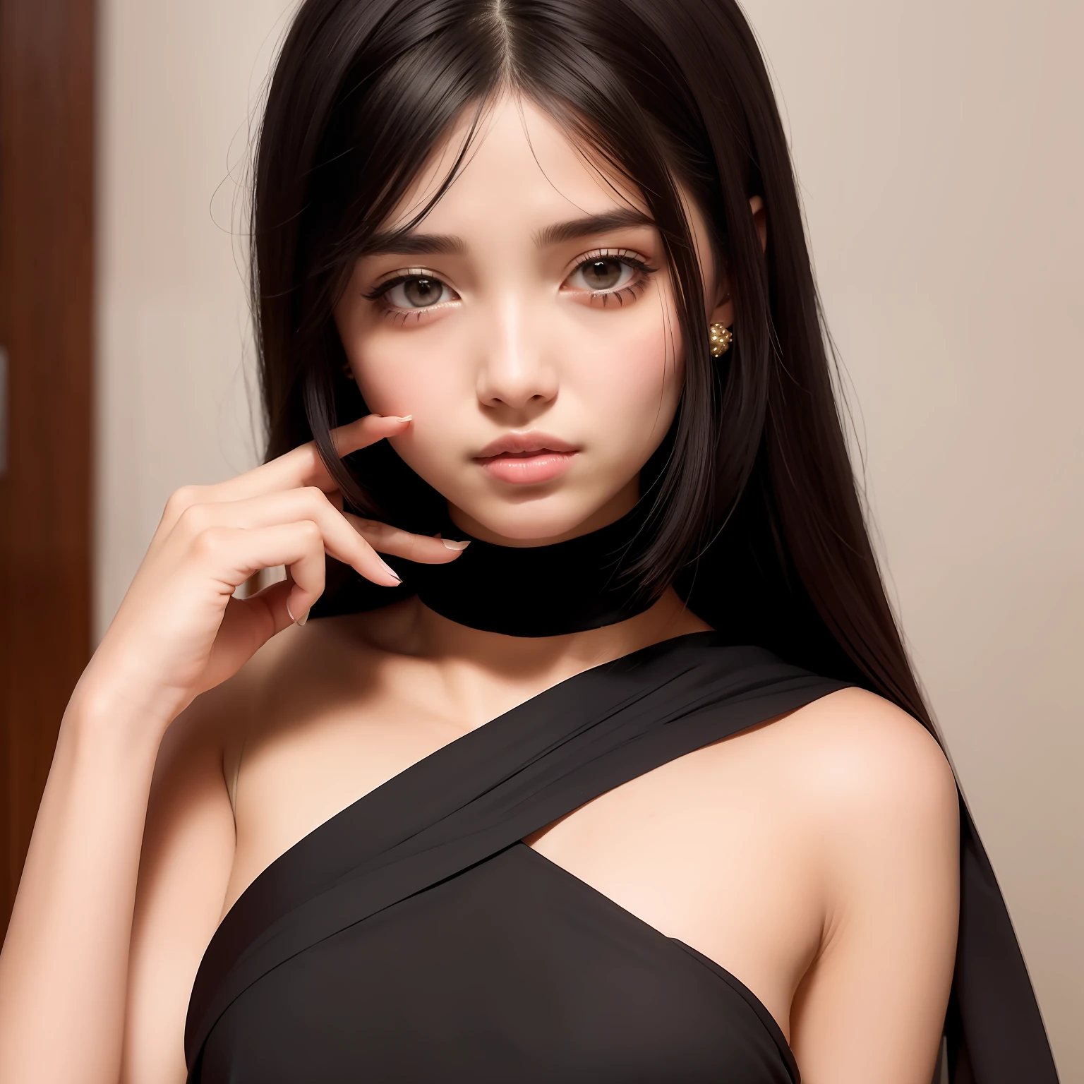 A beautiful girl, Black hair, Bite the nose and lips, Sari dress, 