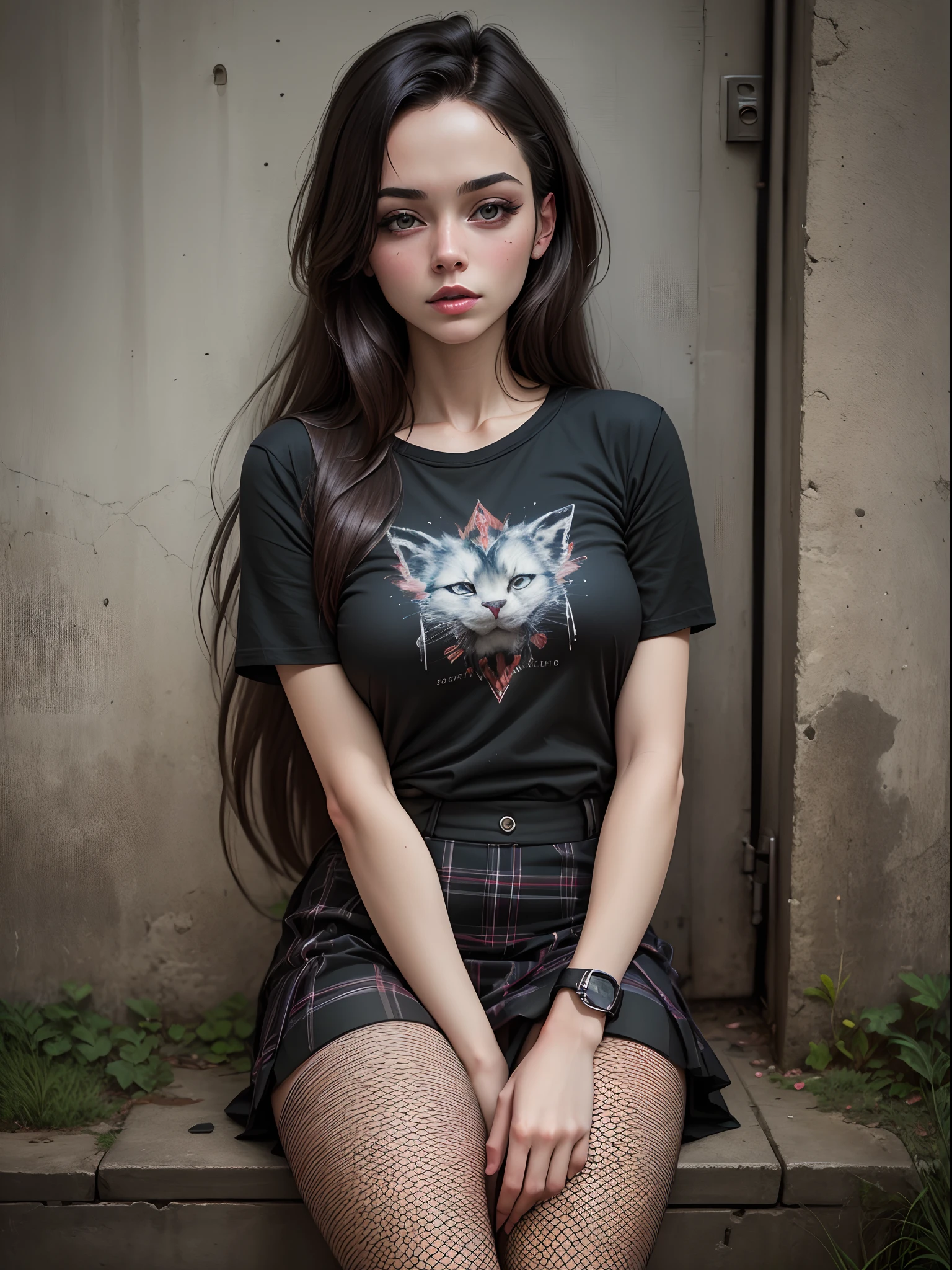 (masterpiece, best quality:1.4), photorealistic illustration, a beautiful woman, black long hair, black shirt, skirt, fishnet nylons, goth, outdoors, (night), streets, wall, graffiti, award winning photo,