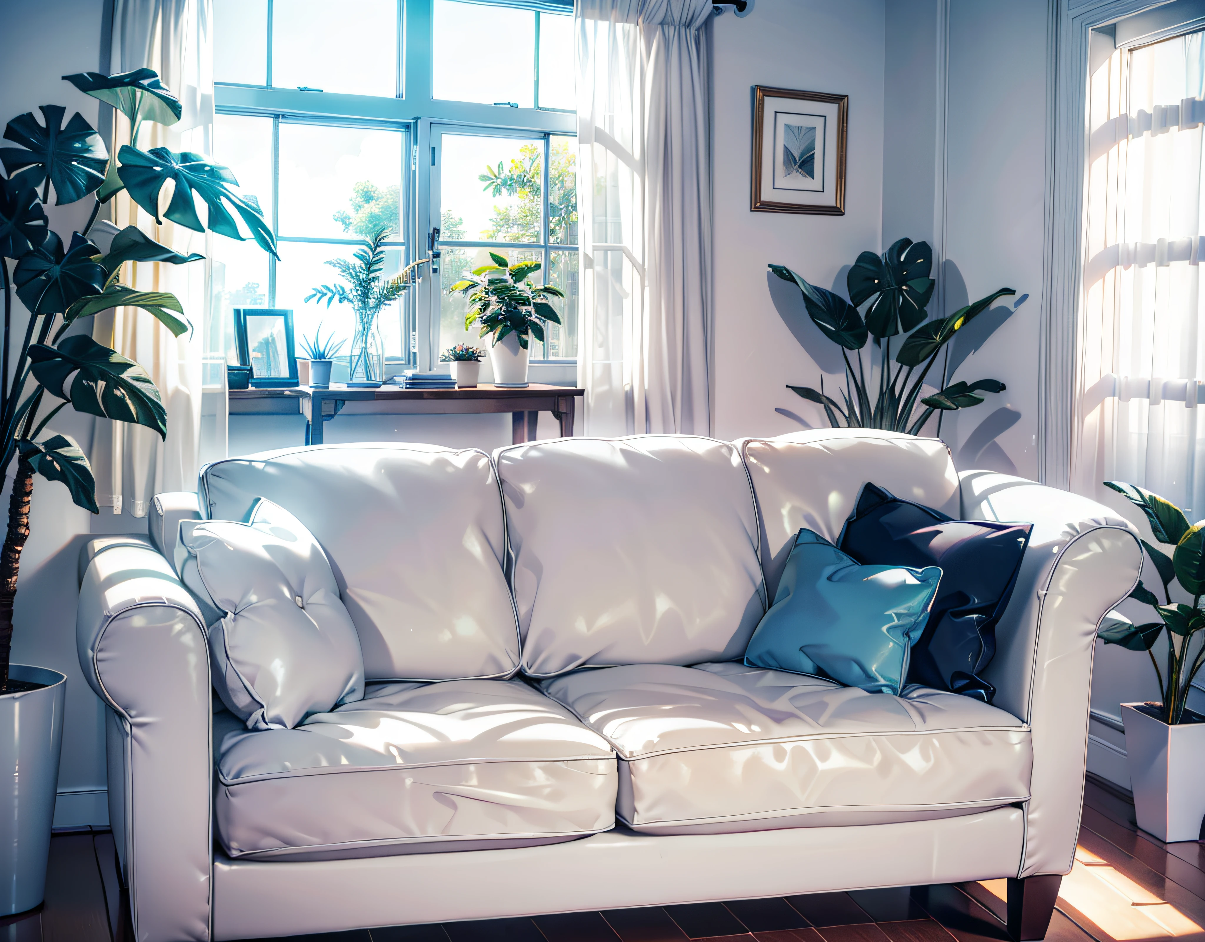 Beautiful white room、White sofa、houseplant、livingroom、window、a picture、a room、natural soft light、Sofa placed at an angle、Sofa Up、brightly lit room、oblique、by the window、White curtains、