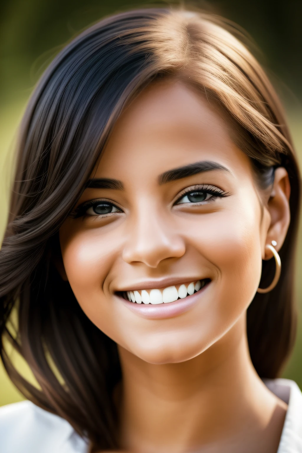 Imagine a photograph that captures the captivating charm of a young woman. The subject of the photo is a woman in her early 20s, her face radiantly illuminated by a bright smile. Her eyes, intense and full of vitality, are the focal point of the image. They possess a depth of emotion that draws the viewer in, creating a connection that transcends the two-dimensional nature of the photograph. Her smile is genuine and filled with warmth, reshaping her face and adding a sparkle to her eyes. The way light falls on her facial features accentuates her natural beauty, casting soft shadows that add depth to the image. Her hair is casually styled, framing her face and adding to her youthfulness. The background of the photo is kept simple, ensuring the woman remains the center of attention. The lighting is soft yet effective, emphasizing the woman's features without casting harsh shadows. This photograph stands as a testament to the woman's vibrant character and the photographer's ability to capture it. Please provide a comprehensive analysis of this photograph, focusing on composition, lighting, and the emotional impact of the scene. --auto