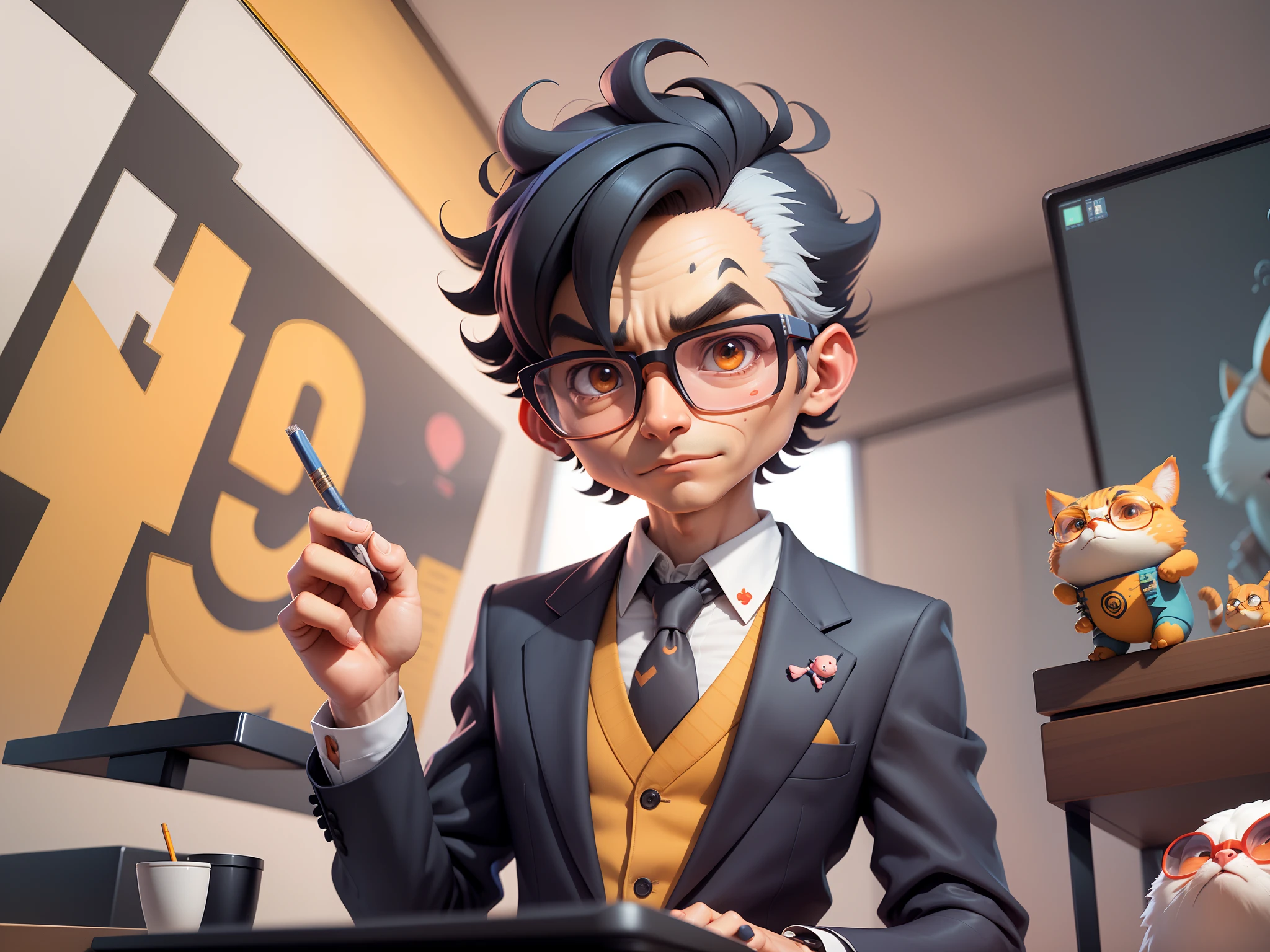 A young man in a suit, Short hair and glasses sat at his desk,holding laptop,digitial painting,tigre,3D character design by Mark Clairen and Pixar and Hayao Miyazaki and Akira Toriyama,4K HD illustration,Very detailed facial features and cartoon-style visuals。