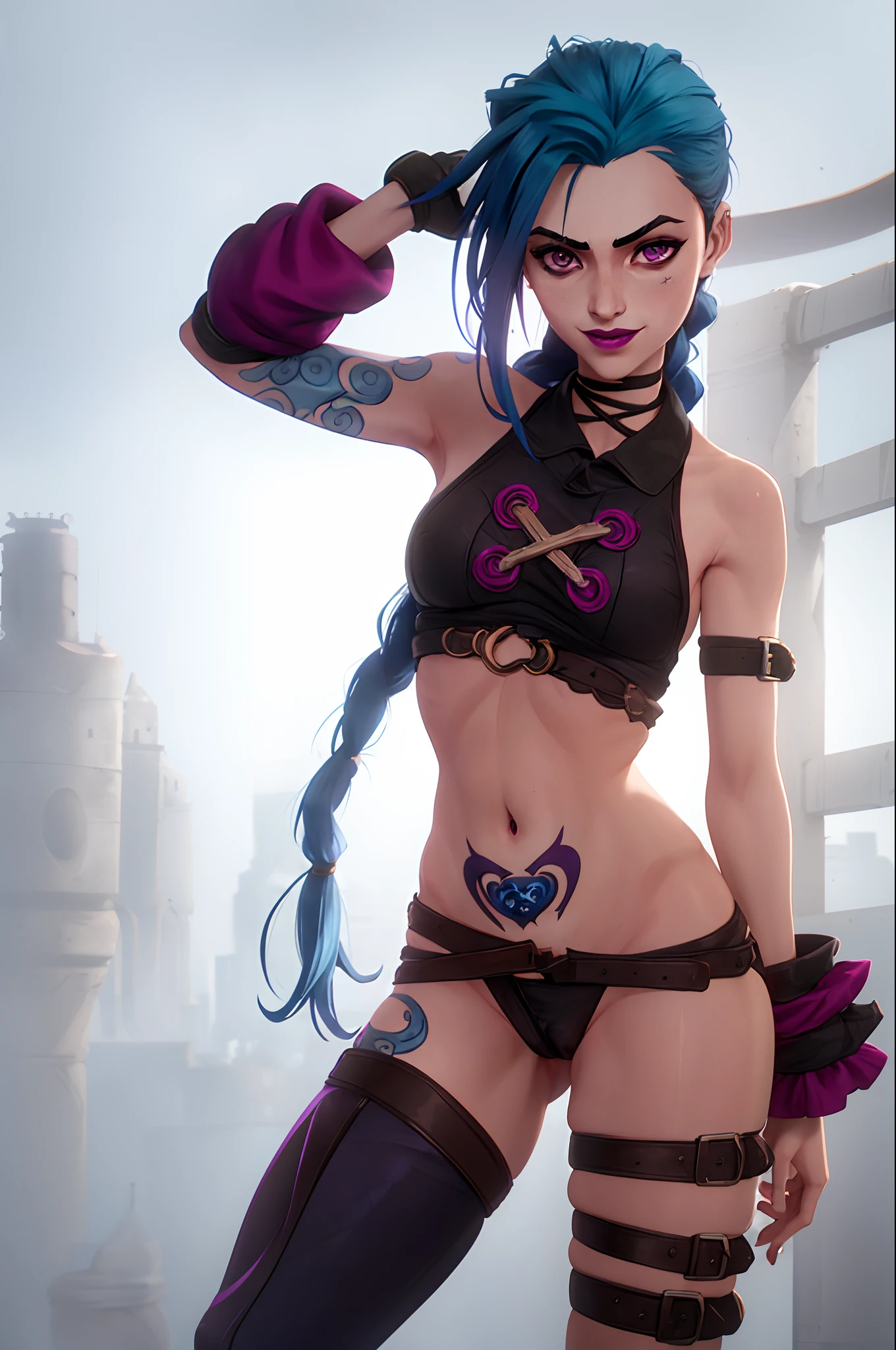 arcane style, 1girl, full body image, model body, detailed face, NSFW, arm tattoo, asymmetrical bangs, bangs, blue hair, braid, brown shirt, cloud tattoo, looking at viewer, small tits, smiling, blured city background, green hair, long hair, midriff, pink eyes, red lips, tight clothes, solo, (bare ass), no panties, tattoo, twin braids, arcane jinx, jinx \(league of legends\), exhibitionism. whore