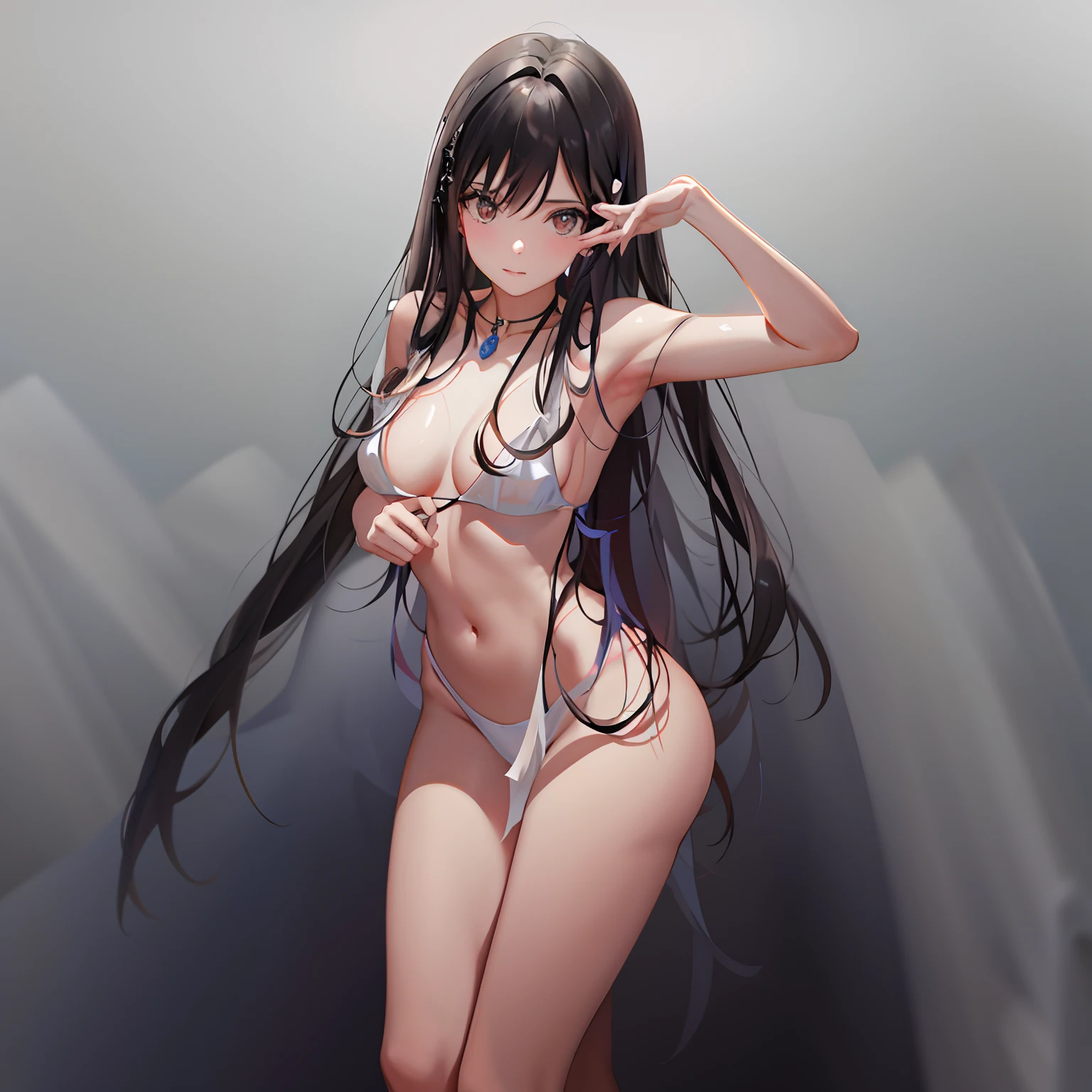 Real girl posing naked with long black hair on a prairie