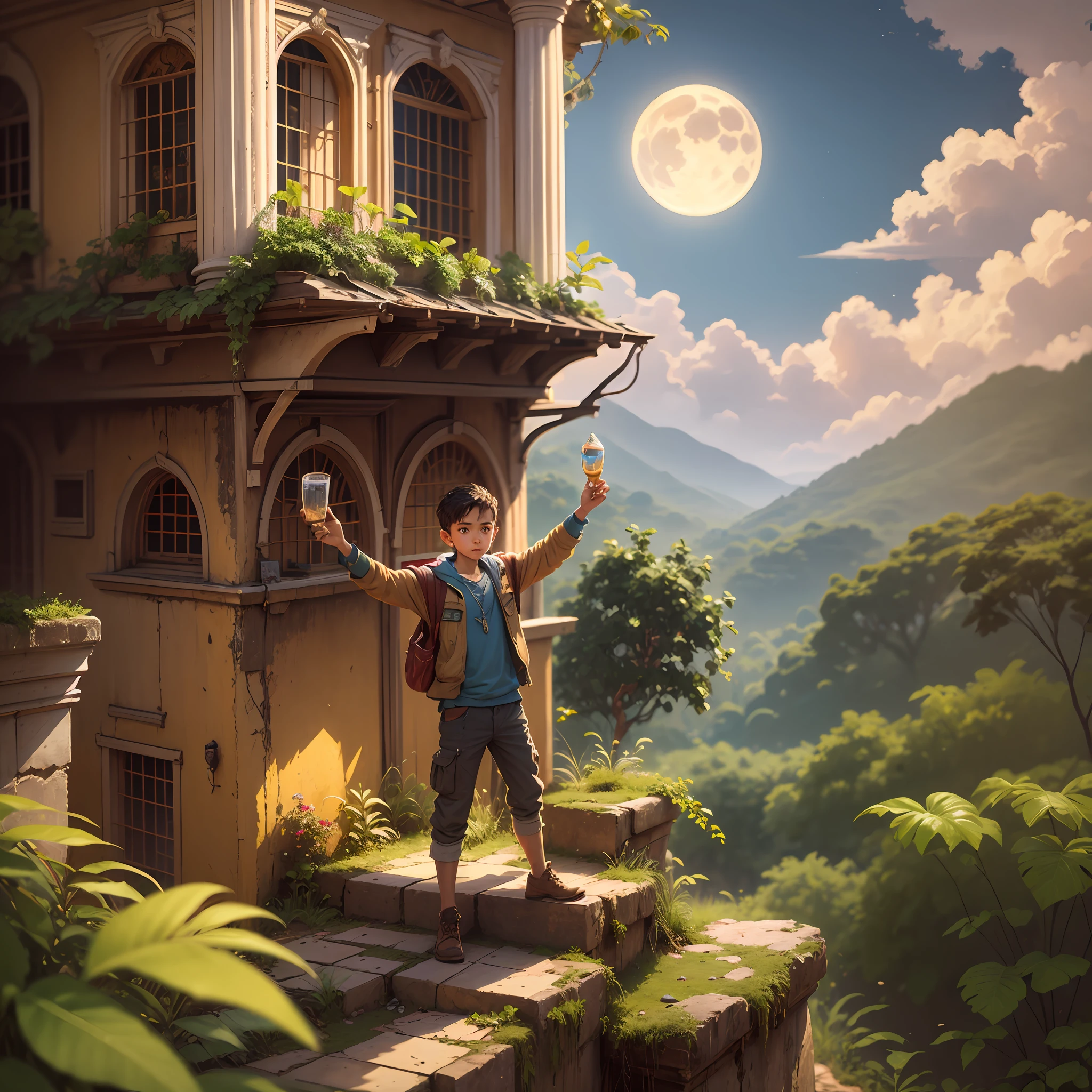 a beautiful adventure boy in city of gold in jungle moonlight realistic, hd 4k clearity, masterpiece, old buildings and artifacts made of gold,beautiful scenery, Golden sky background --auto --s2