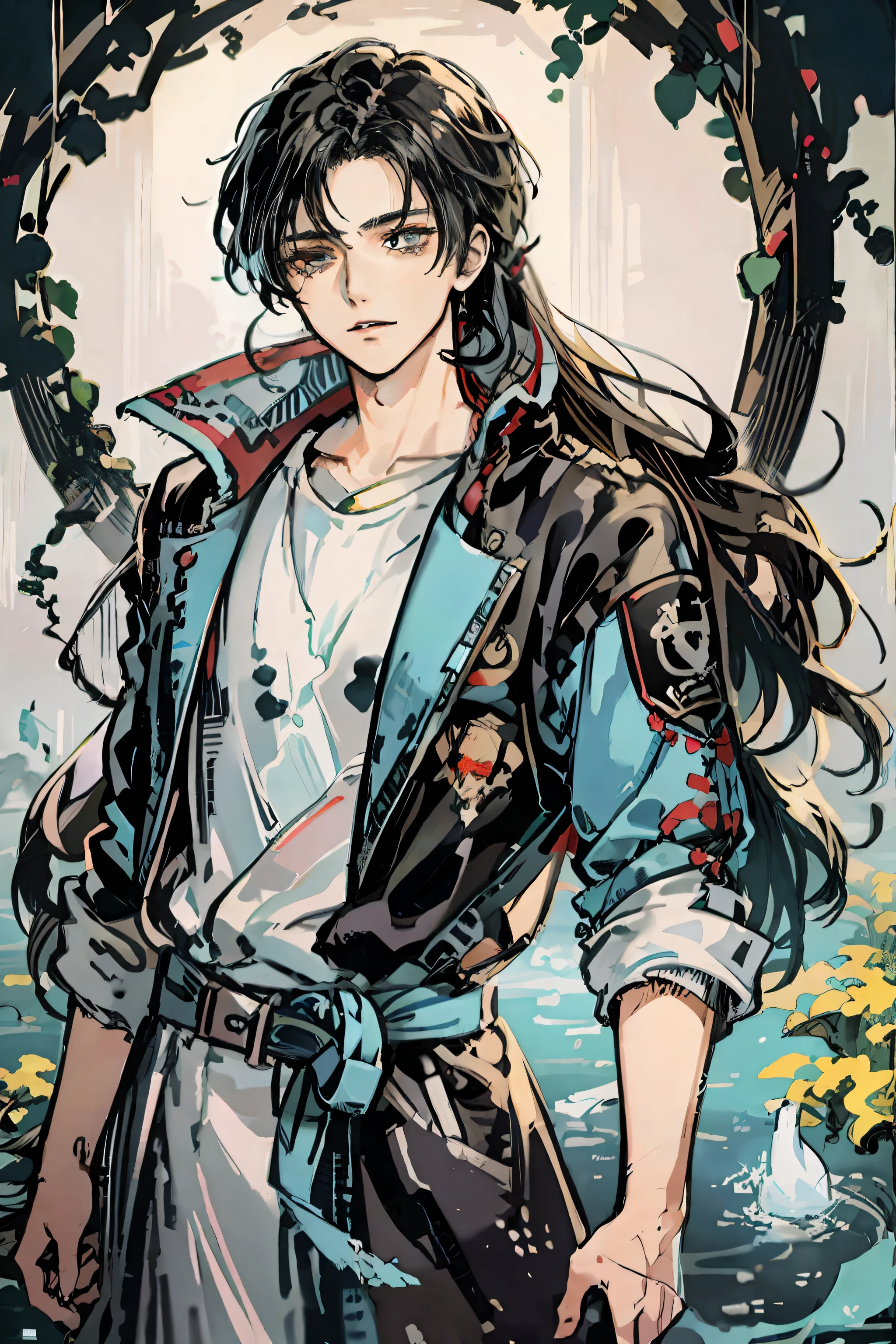 Anime-style male characters, Take photos in a raincoat, with long dark hair, Ishida water style, Attack on Titan black-haired teenager, largeeyes, Long flowing hair, Detailed depiction, Handsome appearance, comic character