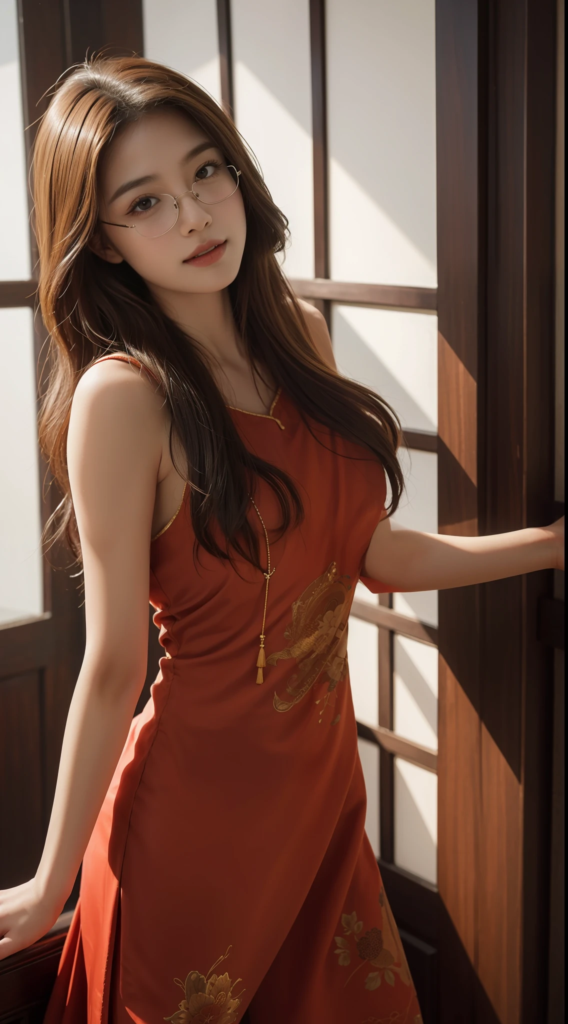 wide angles,Half-length portrait,Gacky,Best quality, Masterpiece, A high resolution, An extremely delicate and beautiful, Extremely detailed face, Extremely detailed eyes, Original, Photo, kanon, Glasses, skin indentation,view the viewer, focus onface, 1girll, Asian female, Solo, Angry eyes, Seductive smile , Curled hair, Long hair, Dancing, ventania, Colorful Chinese dyed dress