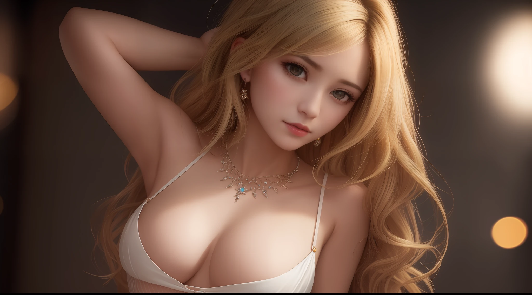 best quality, masterpiece, high_res, 1girl, hair ornament, necklace, jewelry, Beautiful face, upon body, tyndall effect, photo realistic, dark studio, rim lighting, two tone lighting, (high detailed skin:1.2), 8k uhd, dslr, soft lighting, high quality, volumetric lighting, candid, Photograph, high resolution, 4k, 8k, Bokeh, medium breasts, open fingers, (hair color:blonde:1)