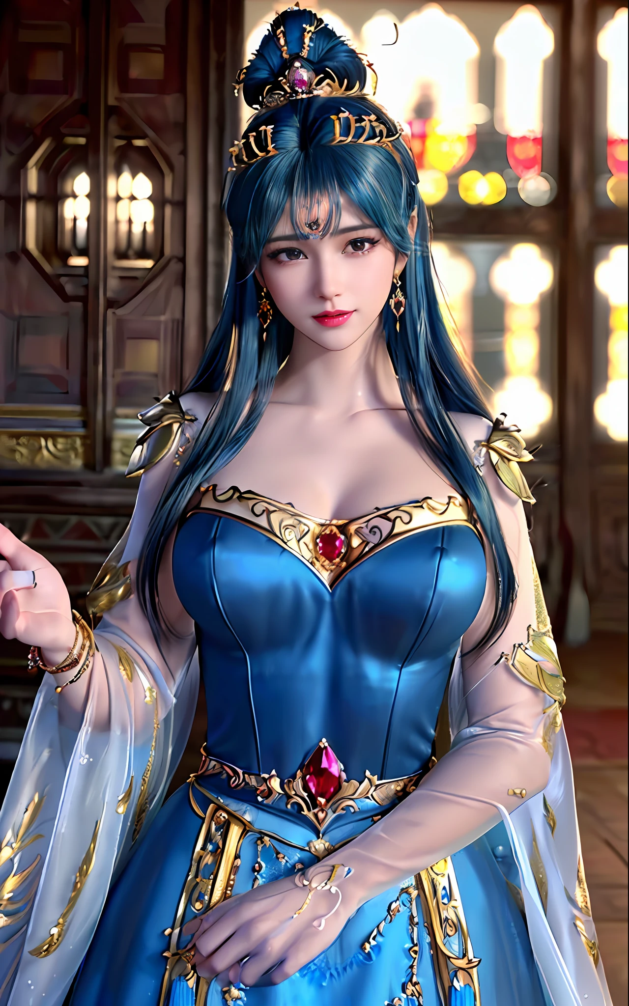 ((realisticity: 1.2)), ((best resolution: 8K UHD)), best quality,masterpiece,highres,cg,
((1 super detailed and super realistic girl)), ((very beautiful queen dazzling, super realistic, and super detailed)),((white skin, beautiful, smooth, youthful, super realistic and super detailed
)), long hair, ((super realistic and super detailed dress)), solo, ((super realistic, super beautiful, gorgeous and super detailed jewelry)), ((super beautiful, super realistic and super detailed dark red and golden yellow dress)),
((super beautiful, super realistic, super detailed diamond filled earrings)),
((super beautiful, super realistic and super detailed diamond filled hair ornament)), ((super beautiful upper body, super beautiful, super realistic and super detailed)), ((big breasts: 2.5)),
((super grand, super realistic and super detailed royal palace backgroun))
((super beautiful, super beautiful, super realistic and super detailed hair bun)), ((super beautiful, super realistic and super detailed blue hair)),
candid, Photograph, high resolution, 8k,Bokeh,