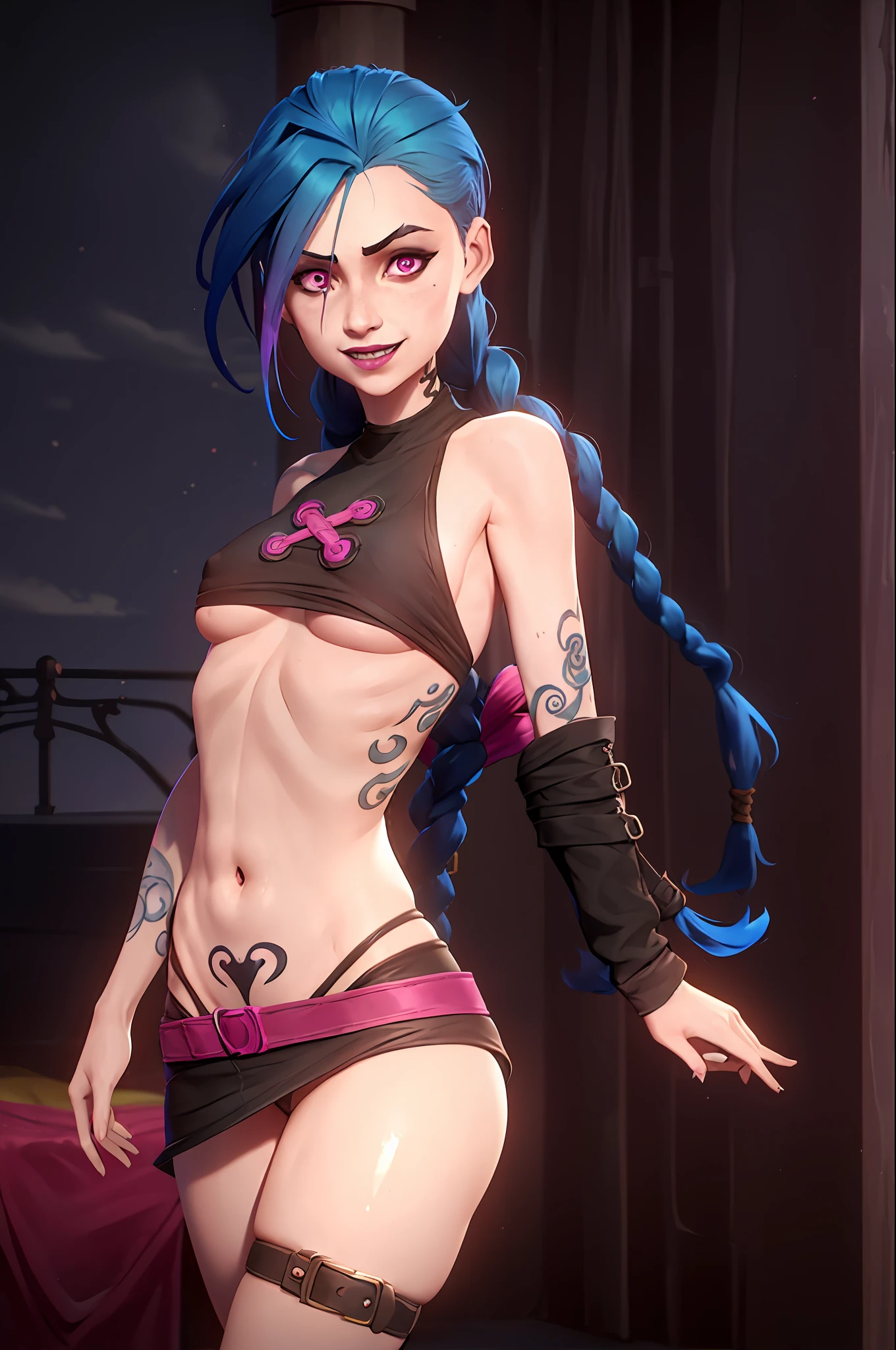 arcane style, 1girl, full body image, detailed face, NSFW, arm tattoo, asymmetrical bangs, bangs, blue hair, braid, brown shirt, cloud tattoo, looking at viewer, small tits, smiling, blured night background, green hair, long hair, midriff, pink eyes, red lips, tight shirt, solo, (bare ass), no panties, tattoo, twin braids, arcane jinx, jinx \(league of legends\), exhibitionism