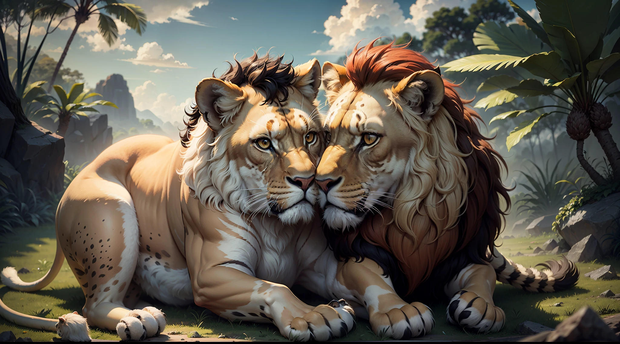 HD masterpiece, lion and cub cuddling, intricate facial details, vibrant clouds, lush jungle backdrop