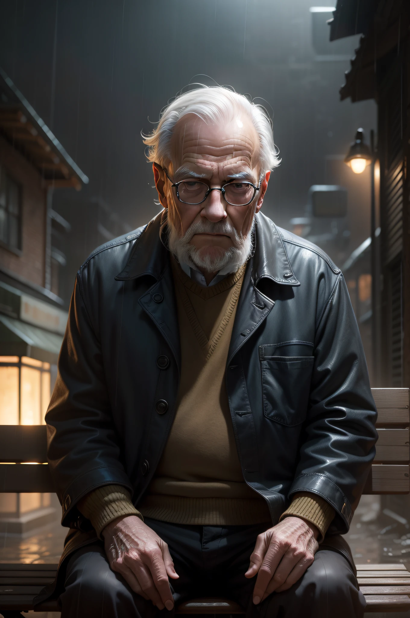 There's a very old man sitting on a bench in the rain, Cinematic realistic portrait, cinematic photograph concept art, arte conceitual escura fotorrealista, arte conceitual fotorrealista, inspirado no artista de personagens seniores, arte conceitual ultra realista, cinematic digital painting, inspirado em Michael Komarck, cinematic realistic photo, arte conceitual fotorrealista