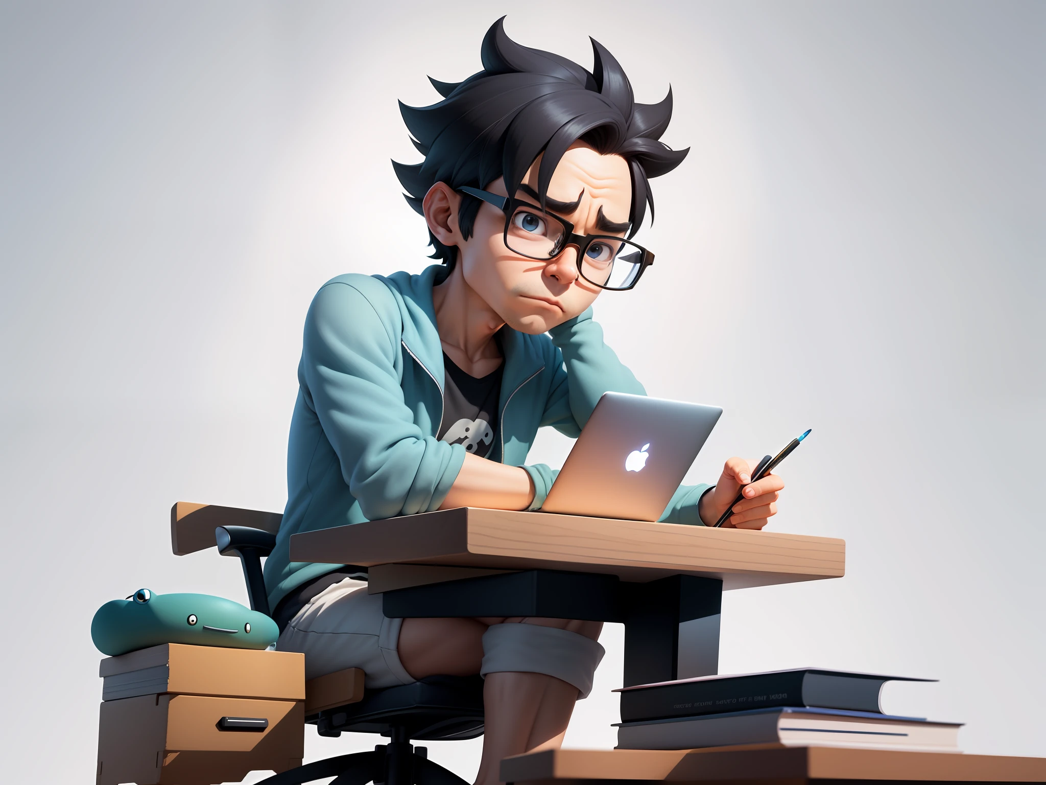 A young man with glasses sits at his desk，holding laptop，digitial painting，3D character design by Mark Clairen and Pixar and Hayao Miyazaki and Akira Toriyama，4K HD illustration，Very detailed facial features and cartoon-style visuals。