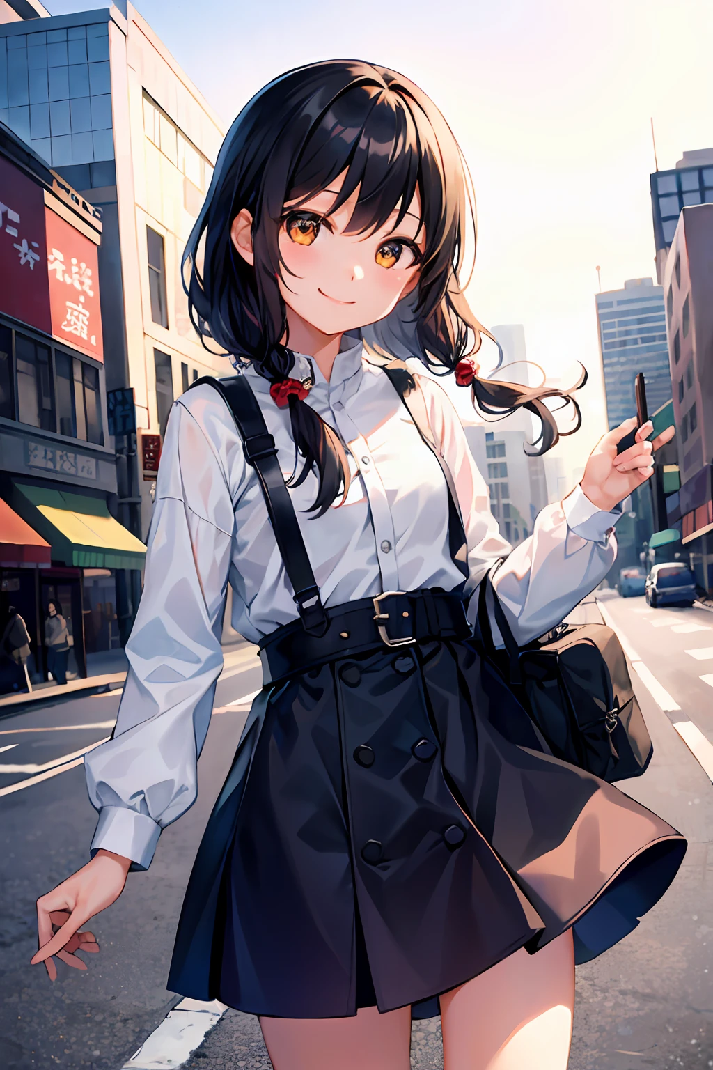 (morning), 1girl, 独奏, 看着观众, winter, cowboy shot, (downtown), cowboy shot, smile, black hair