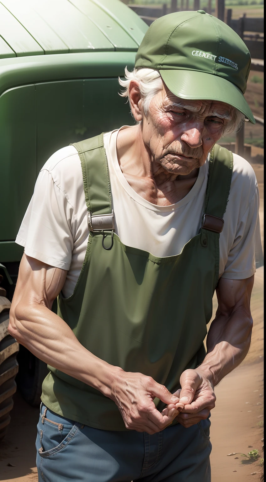 An elderly farmer with sweat on his face and hands calloused by time brings with him a green harvester
