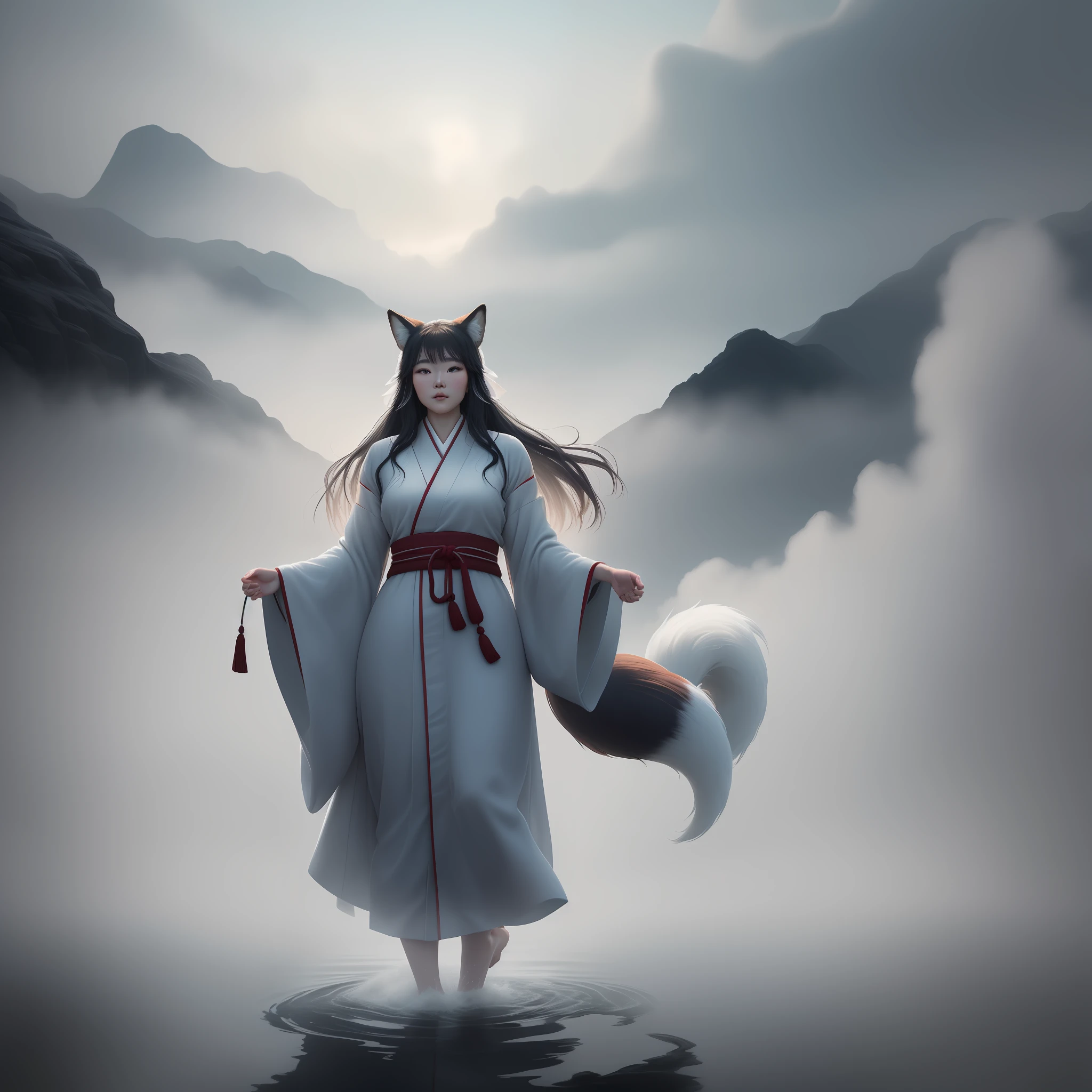 a beautiful and ethereal fox spirit dressed in a flowing white Chinese robe. The image captures the fox spirit standing gracefully on the water's surface, surrounded by white clouds and mist that lend an otherworldly quality to the scene. The fox spirit's long white hair and robes are swept up by the wind, adding movement and fluidity to the image. Use Midjourney's advanced brush tools to create intricate folds and textures in the fox spirit's robes and hair, and experiment with different color palettes and brush strokes to bring out the ethereal quality of the scene. The fox spirit's beauty is further enhanced by the way her image is sometimes obscured by the surrounding mist, giving the scene a sense of mystery and enchantment. With Midjourney's powerful tools, you can bring this captivating and ethereal scene to life with incredible detail and beauty.
hdr, (photorealism, masterpiece quality, best quality), , pureerosface_v1,ulzzang-6500-v1.1,